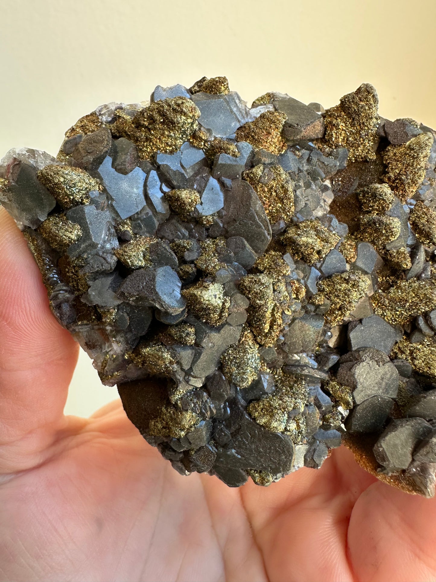 Black pagoda calcite w/iridescent chalcopyrite