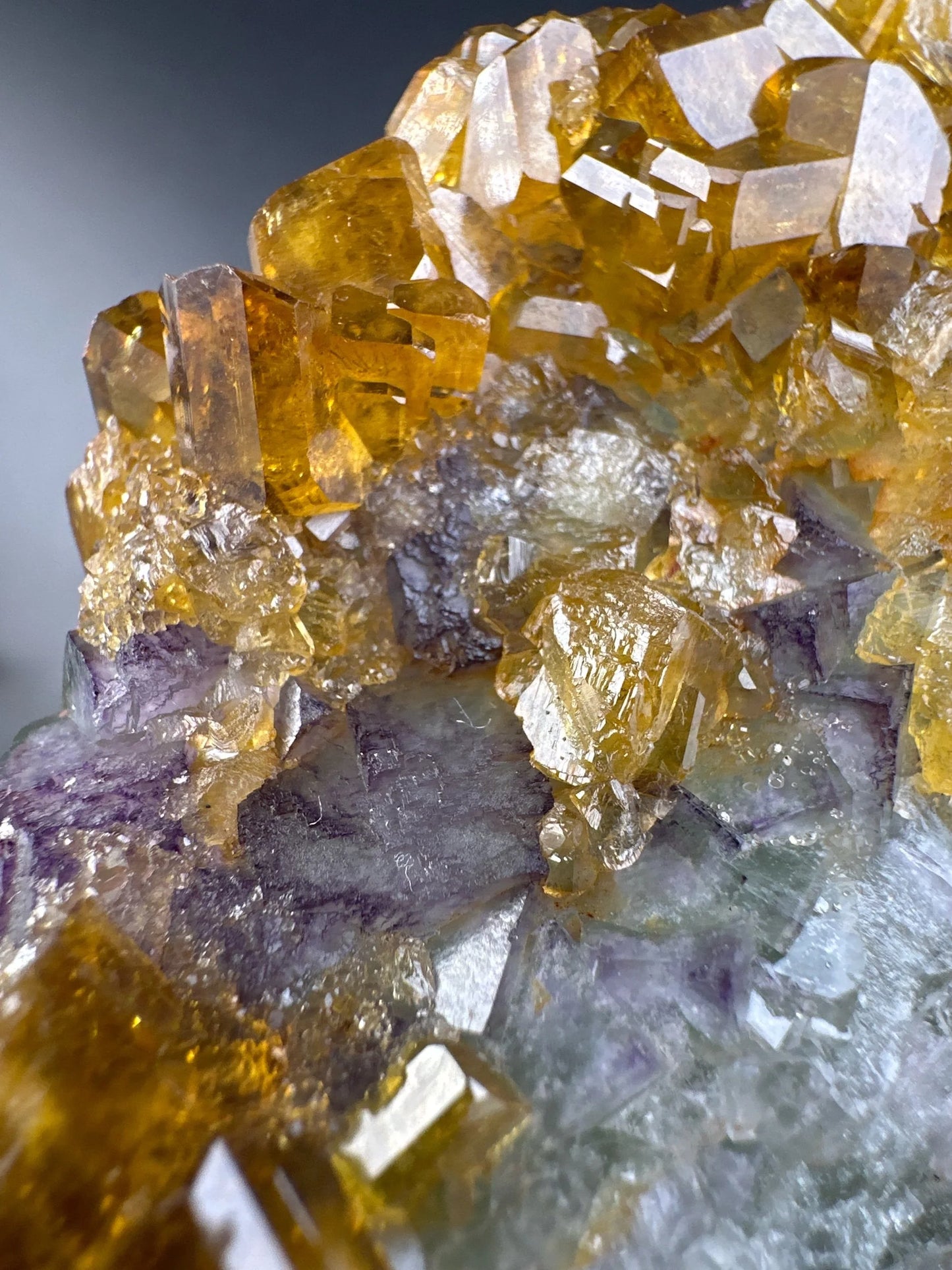 Golden Baryte / Barite on Green & Purple Fluorite, Jiangxi