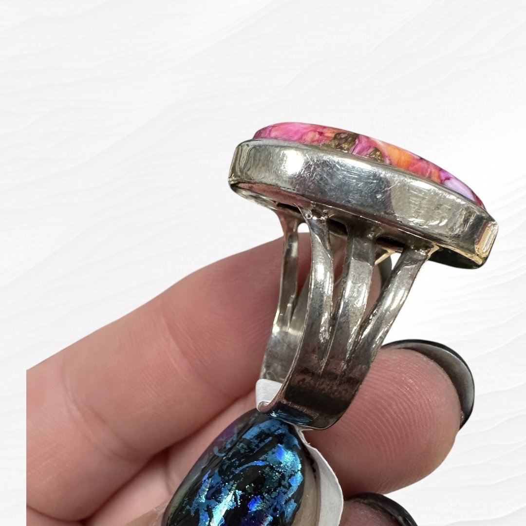 Mohave Turquoise, Pink Dahlia ring in Silver sz. 7