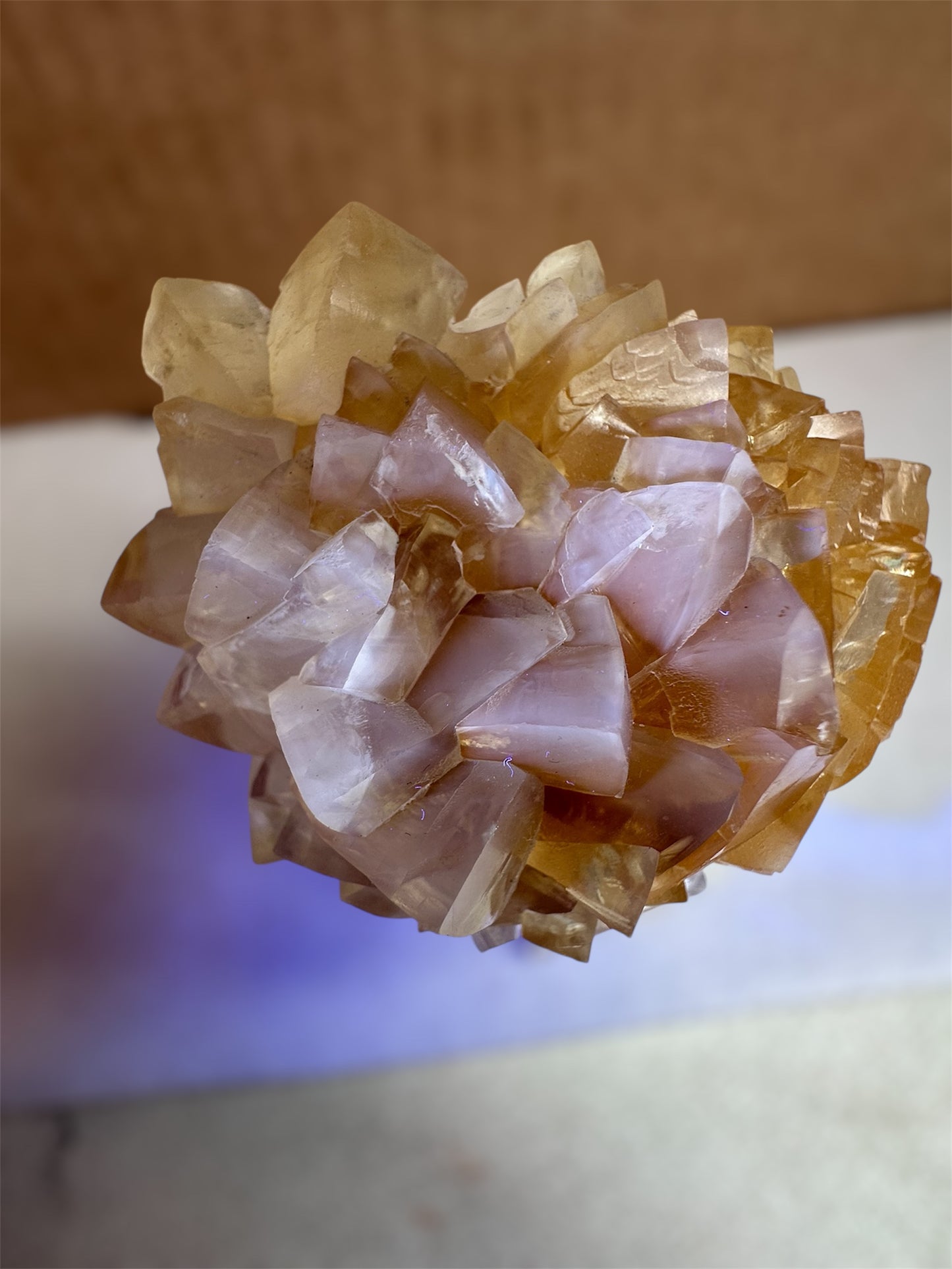 Honey Calcite cluster, Fujian. UV