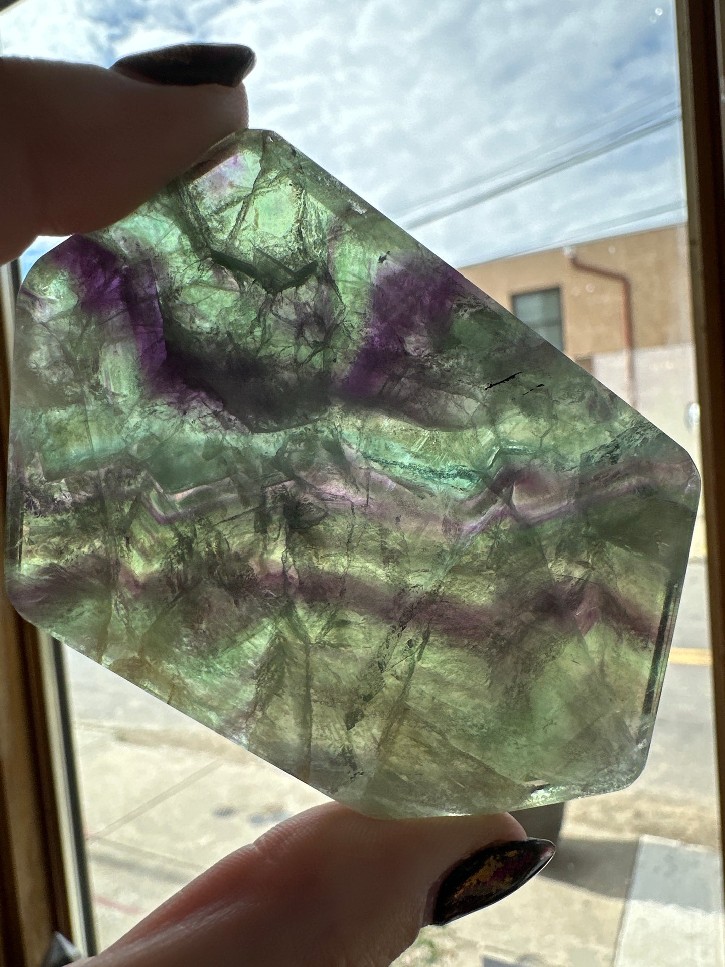 polished green & purple Fluorite slab with stand