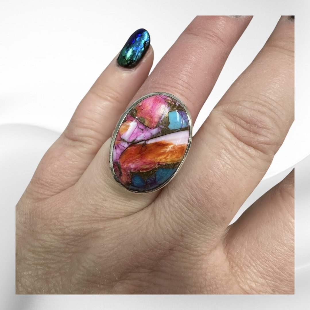Mohave Turquoise, Pink Dahlia ring in Silver sz. 7