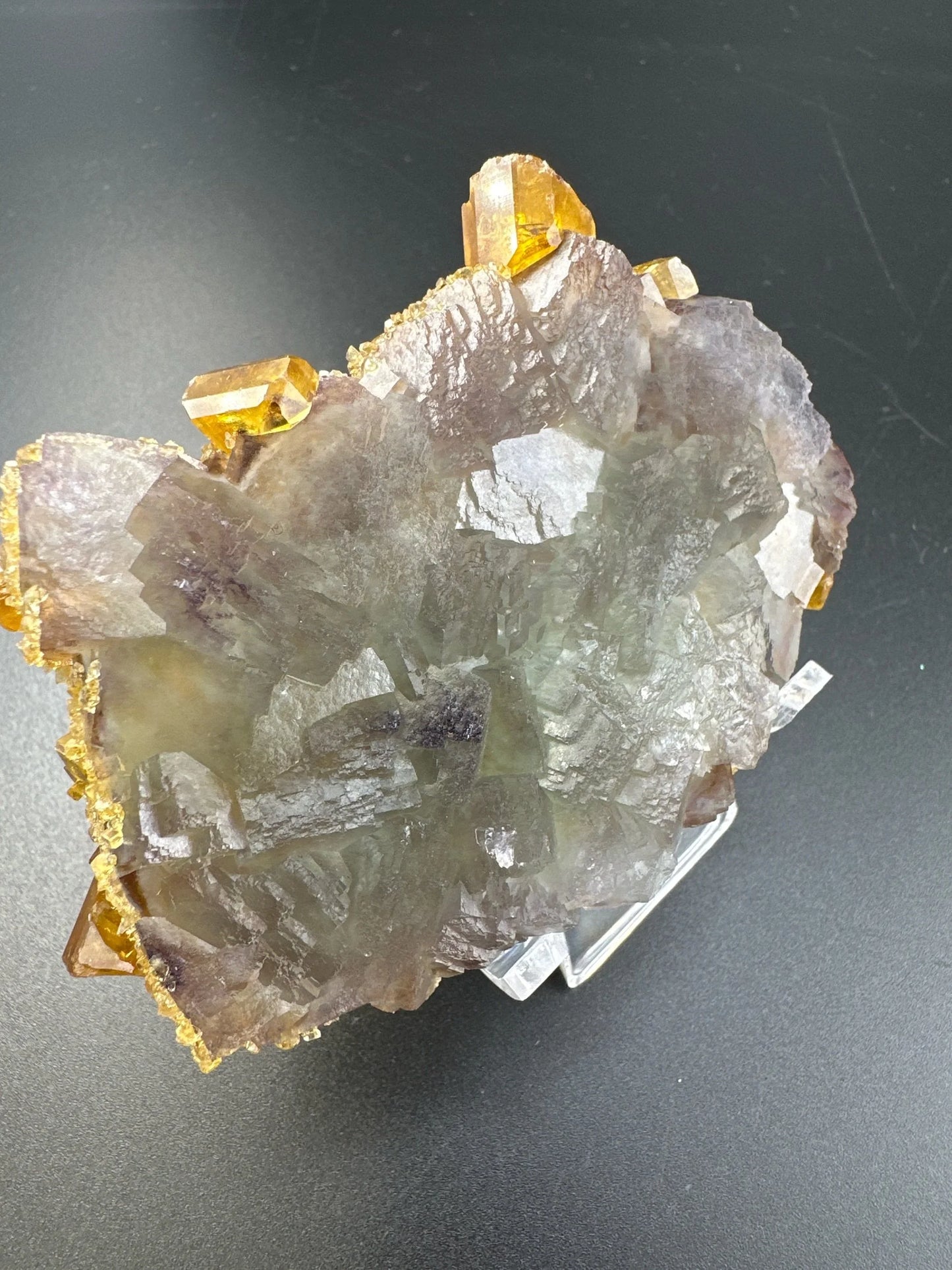 Golden Baryte (Barite) on green & purple Fluorite, Jiangxi