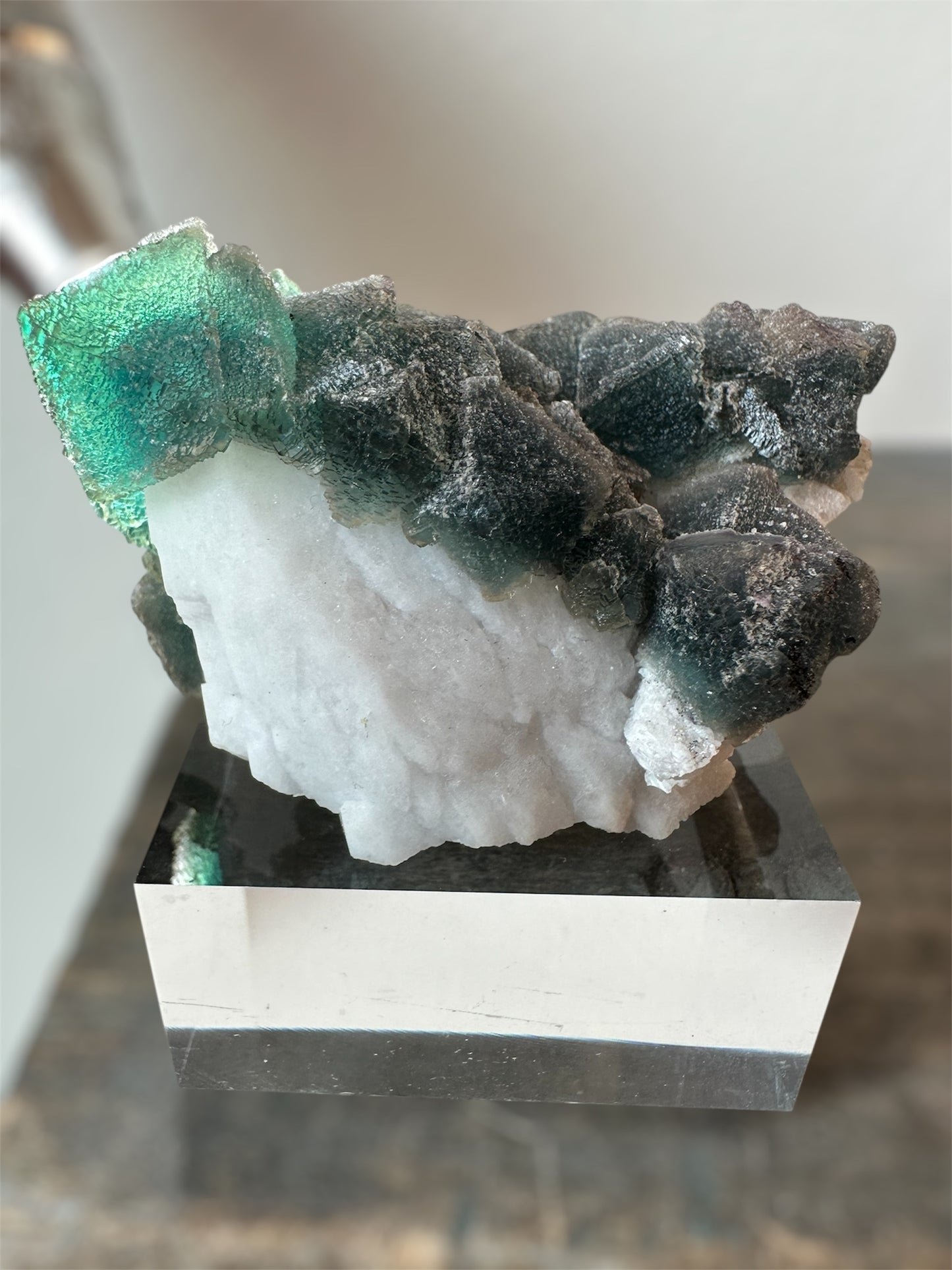 Blue/Green Octahedral Fluorite on Candle Quartz