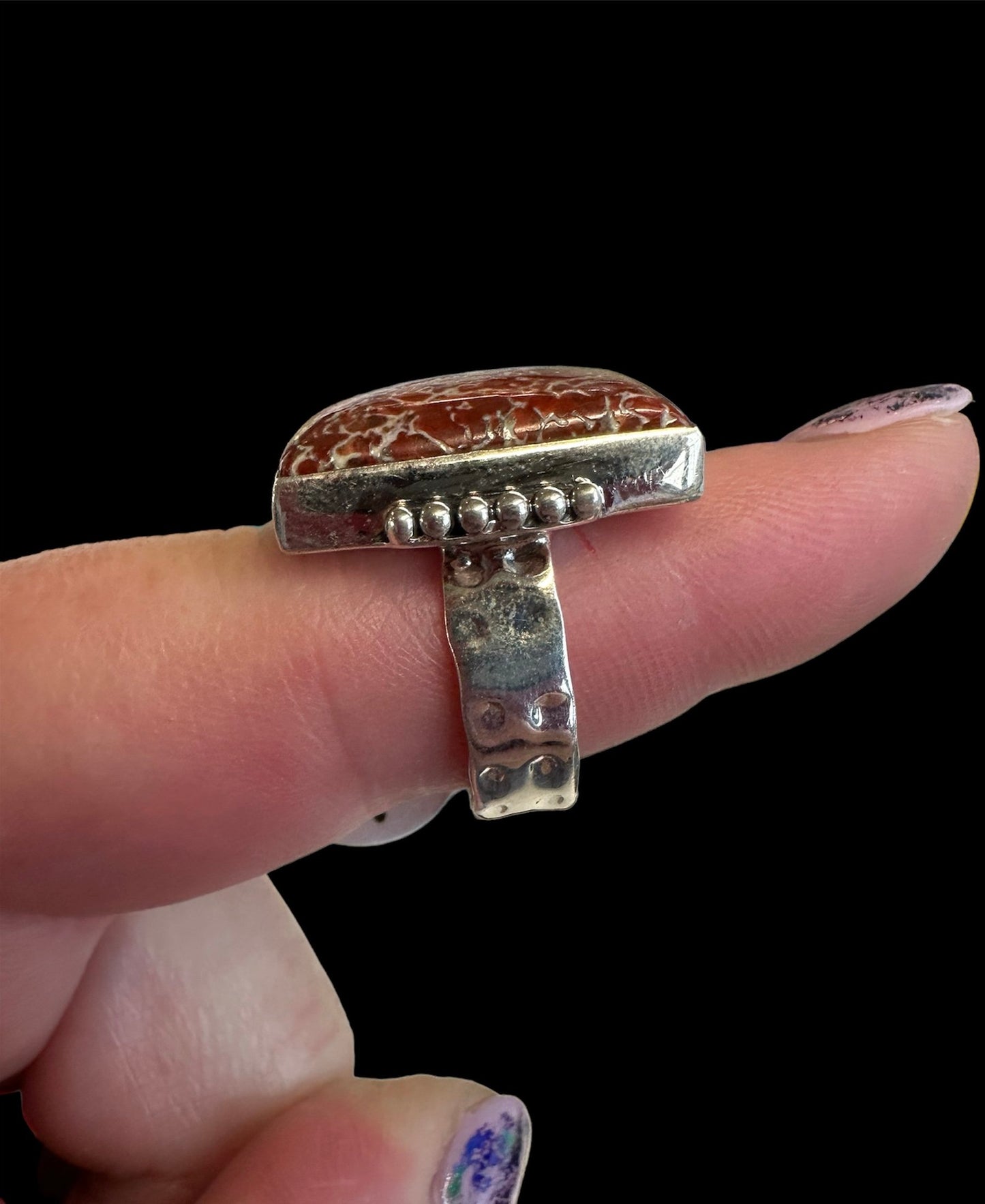 Gembone! fossilized Dinosaur bone set in silver ring. Sz. 9