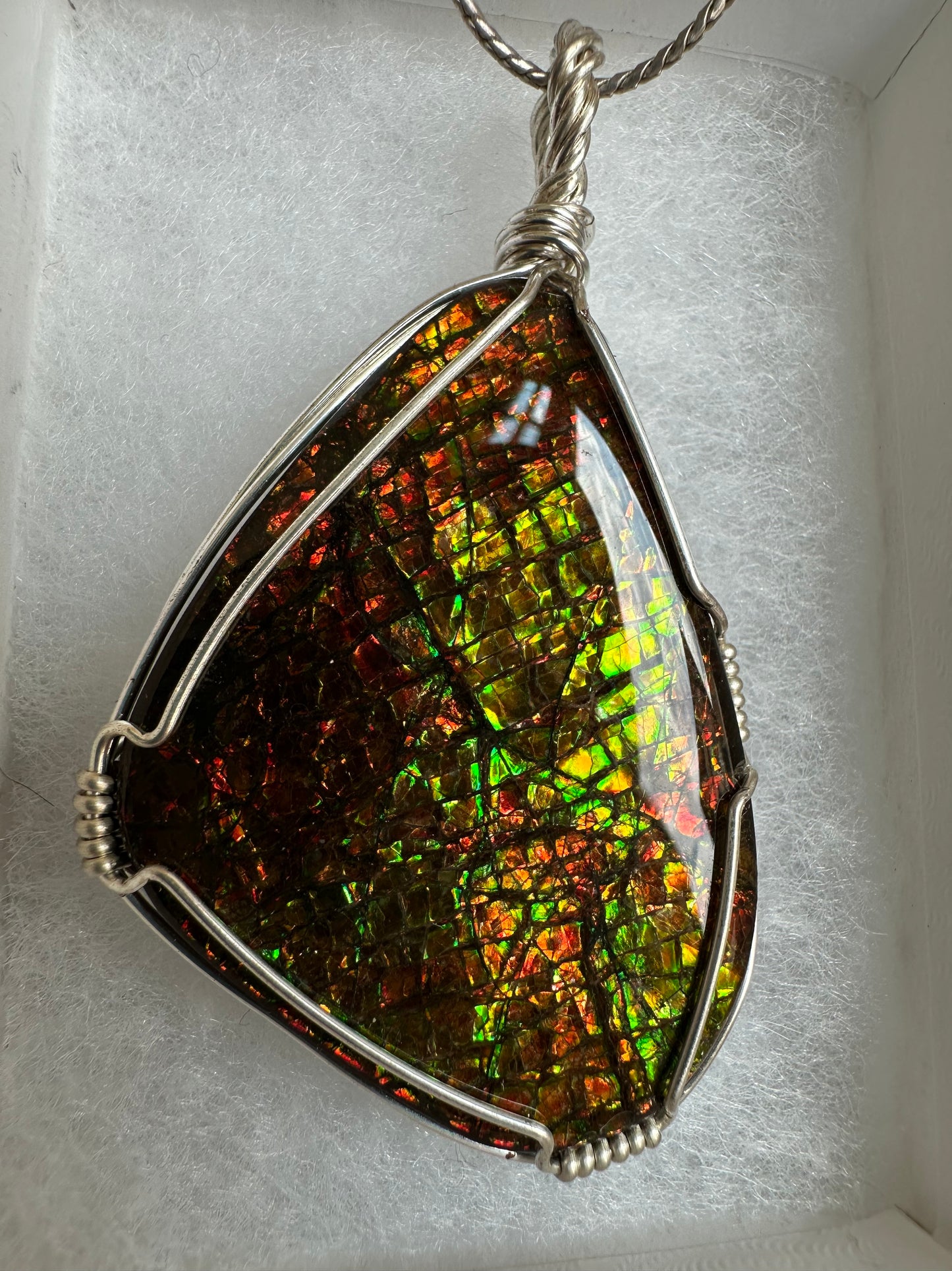Large Ammolite in Silver pendant. Gold, Green, Orange