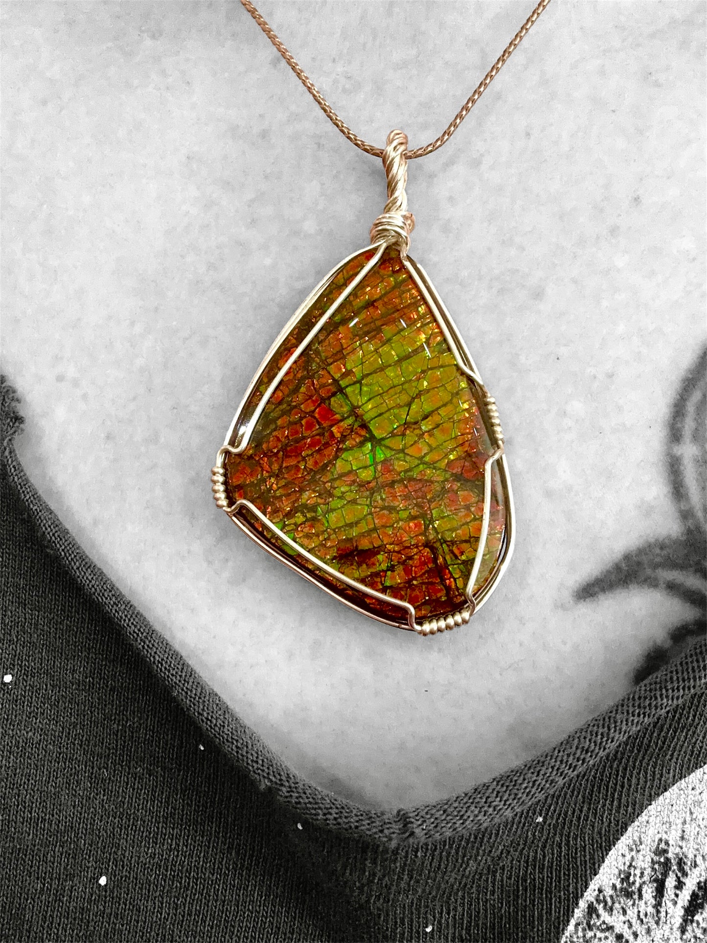 Large Ammolite in Silver pendant. Gold, Green, Orange