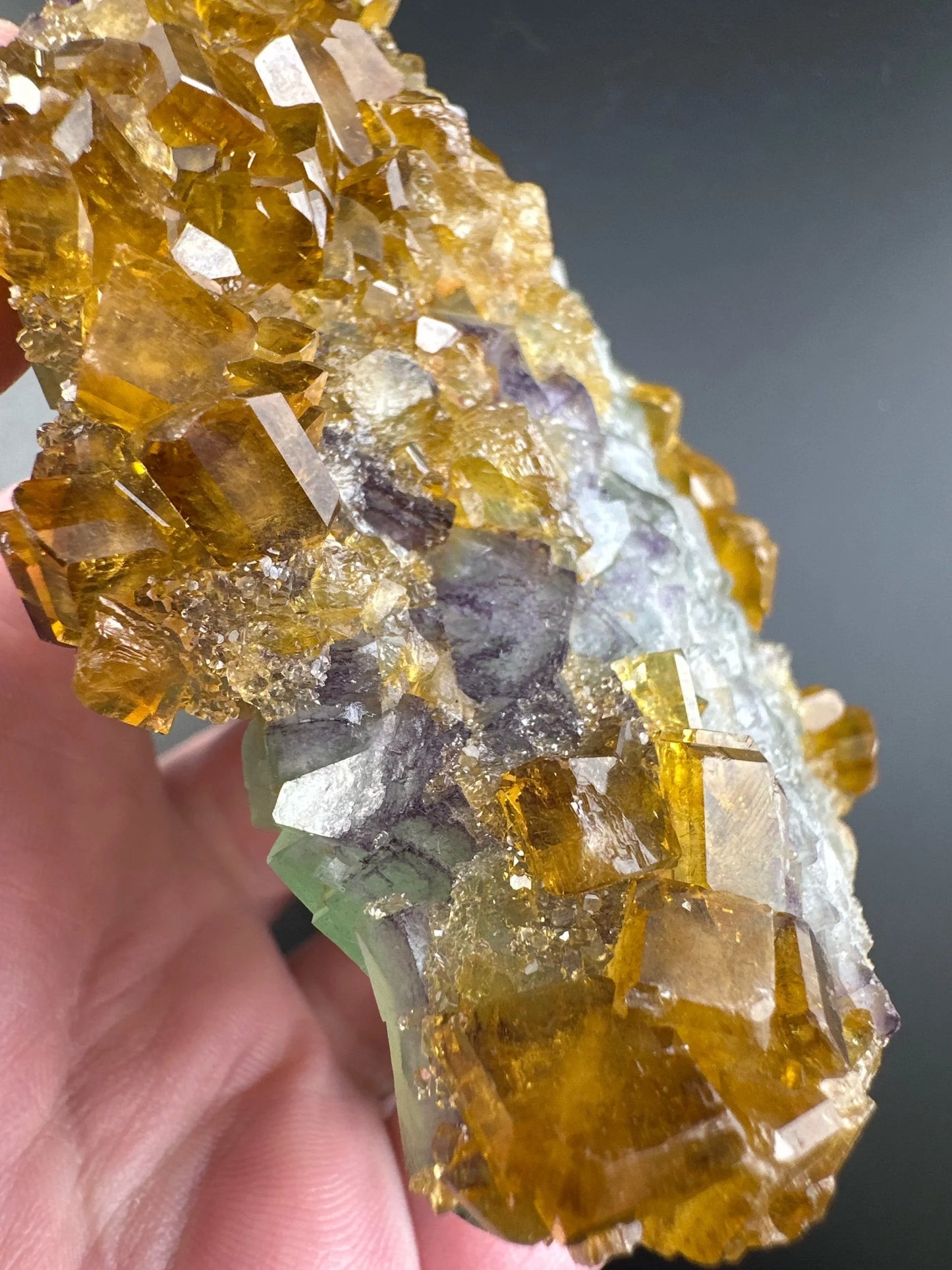 Golden Baryte / Barite on Green & Purple Fluorite, Jiangxi