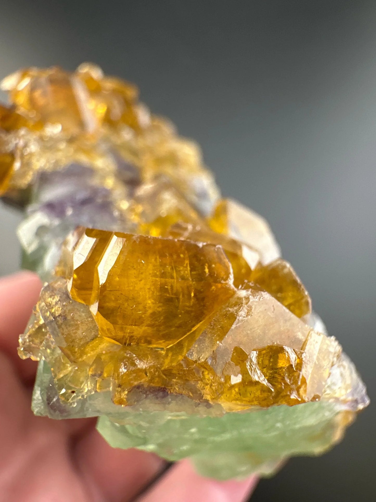 Golden Baryte / Barite on Green & Purple Fluorite, Jiangxi
