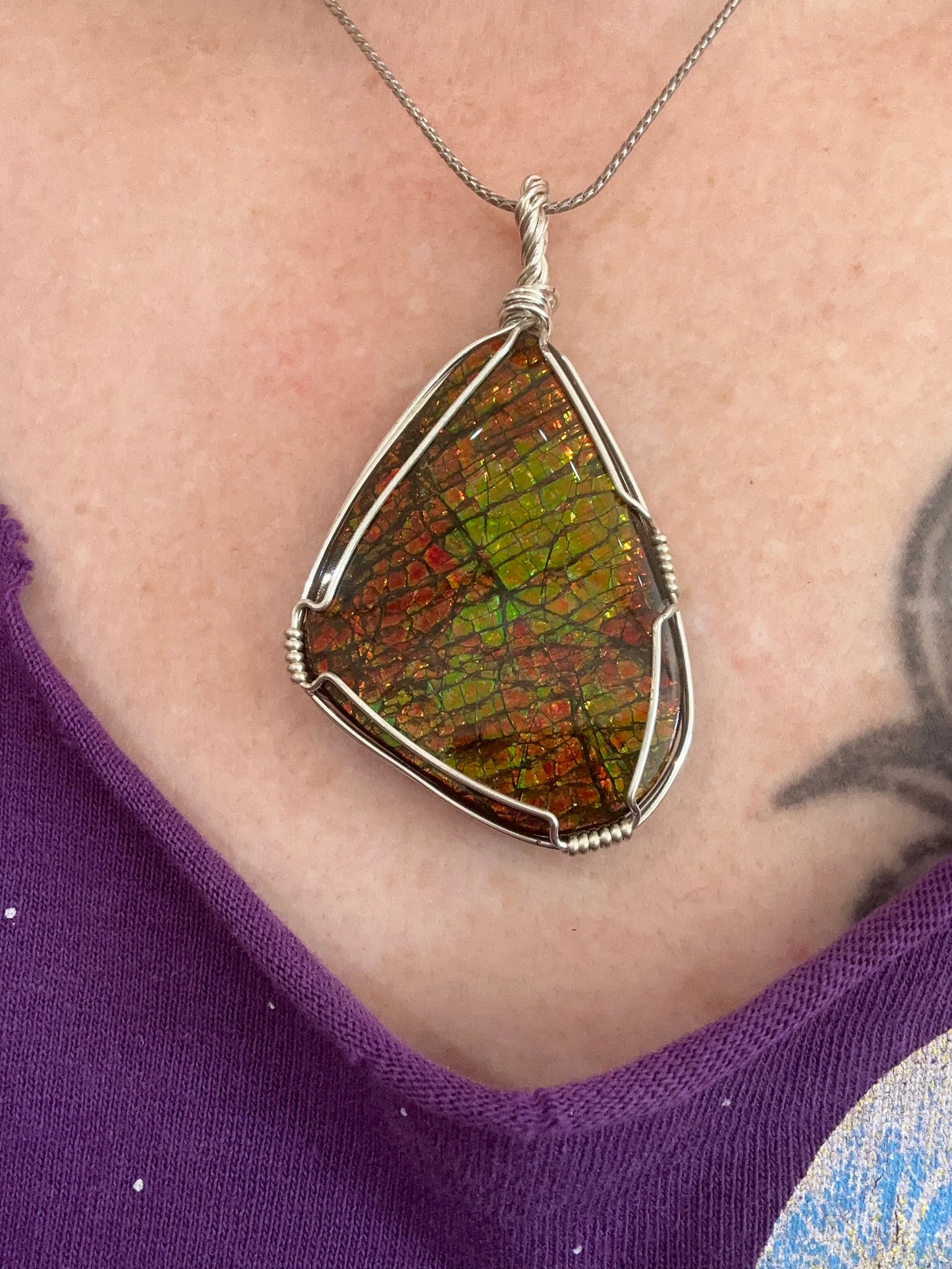 Large Ammolite in Silver pendant. Gold, Green, Orange