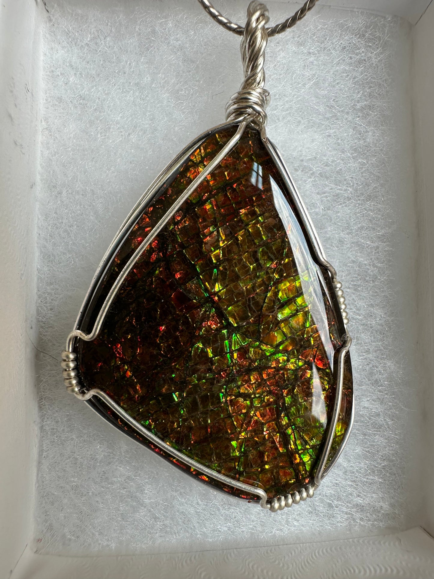 Large Ammolite in Silver pendant. Gold, Green, Orange