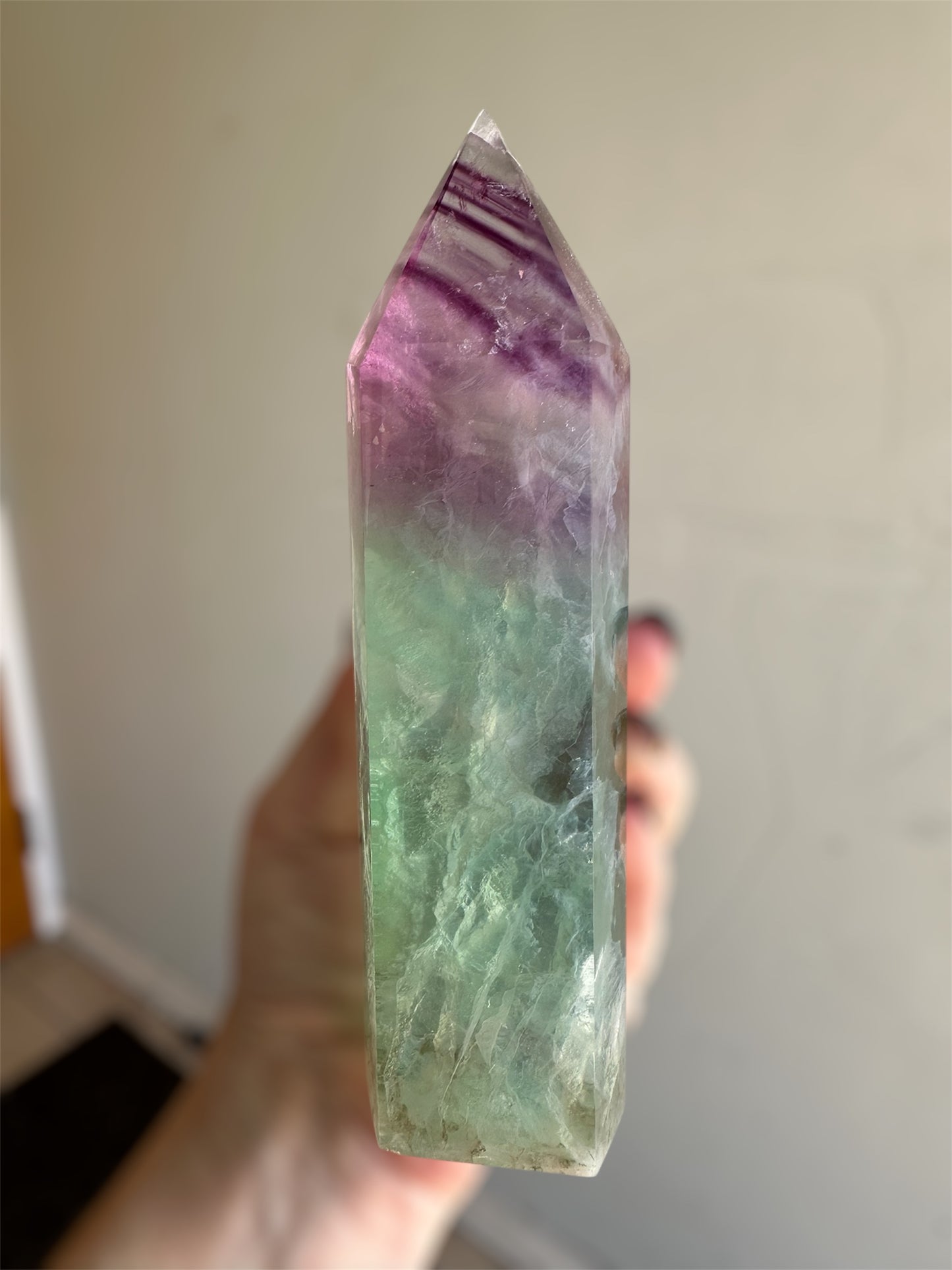 stunning polished Fluorite thic tower (6.5” tall)