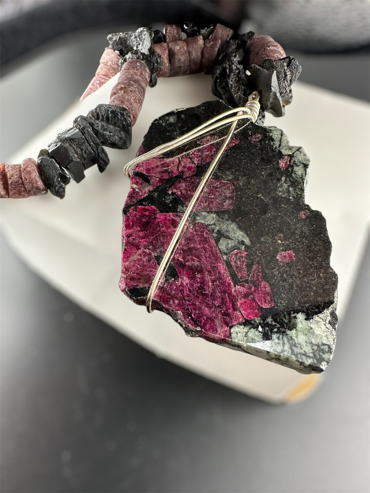 Eudialyte, Tektite, Strawberry Quartz necklace