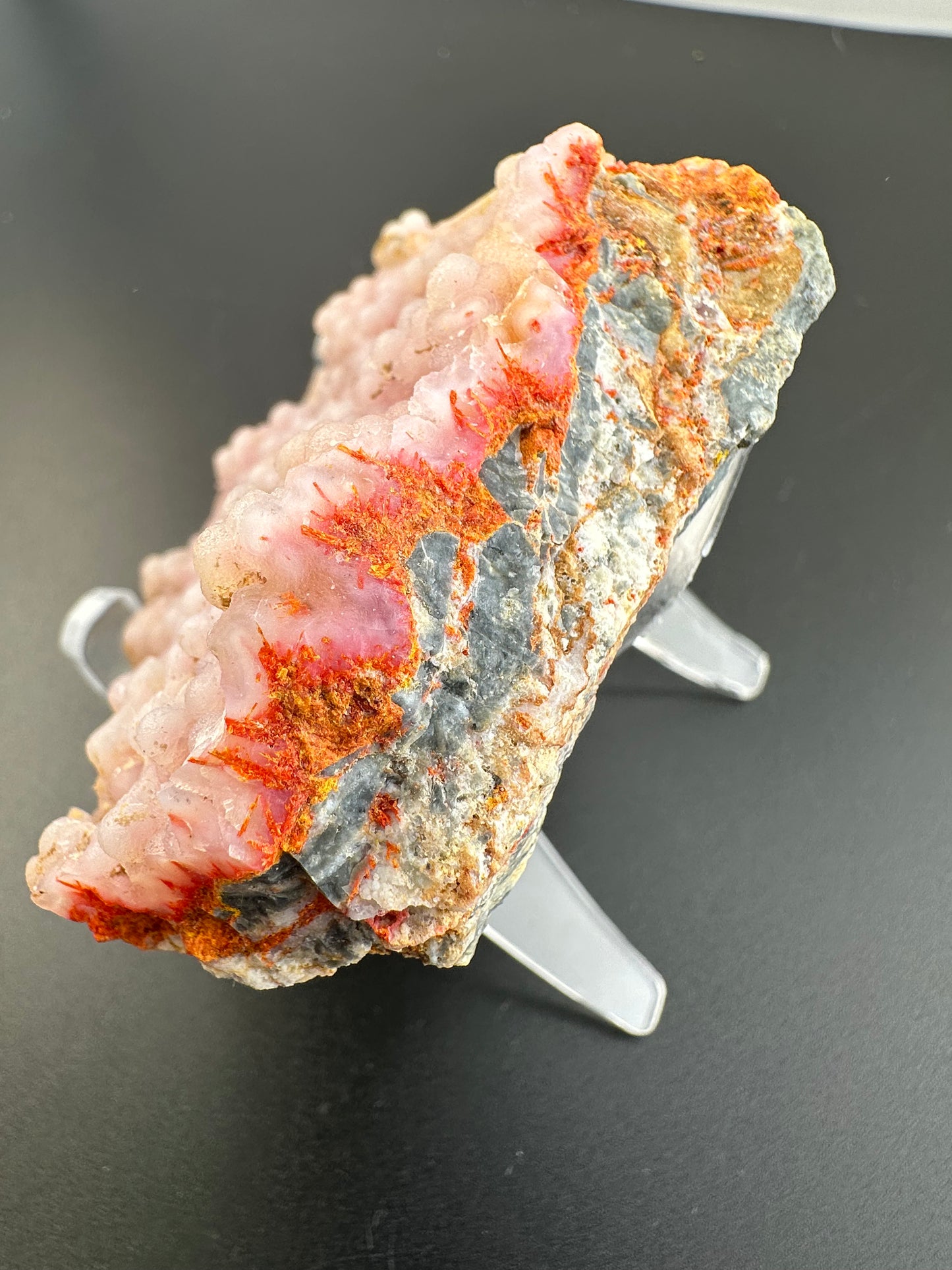 Chalcedony over Realgar, Orpiment. 2024 small pocket find. Yunnan, China
