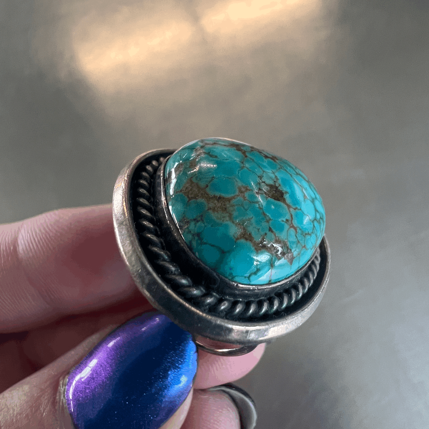 Antique deep teal Turquoise ring set in silver, hand-made. Size 6