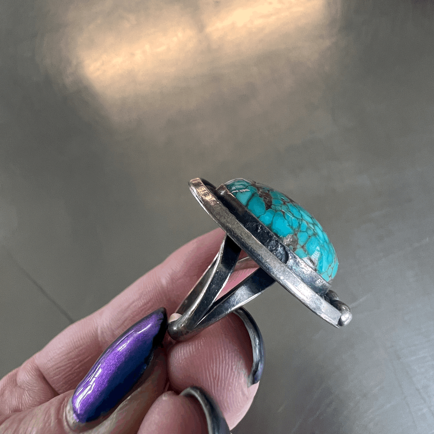 Antique deep teal Turquoise ring set in silver, hand-made. Size 6