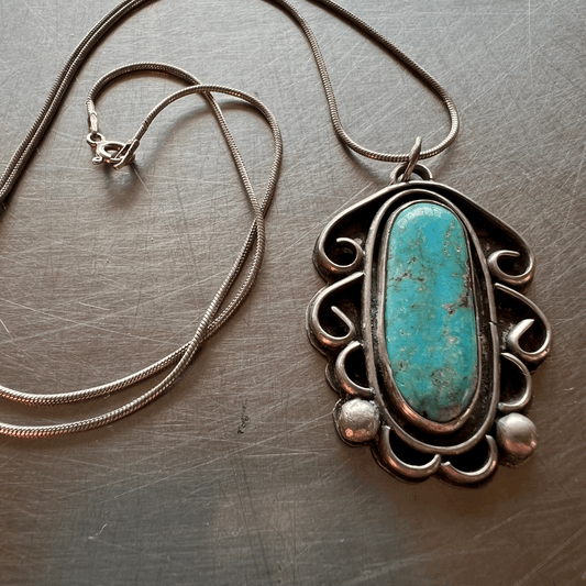 artisan-made Turquoise and Silver pendant on 20" sterling chain Necklace