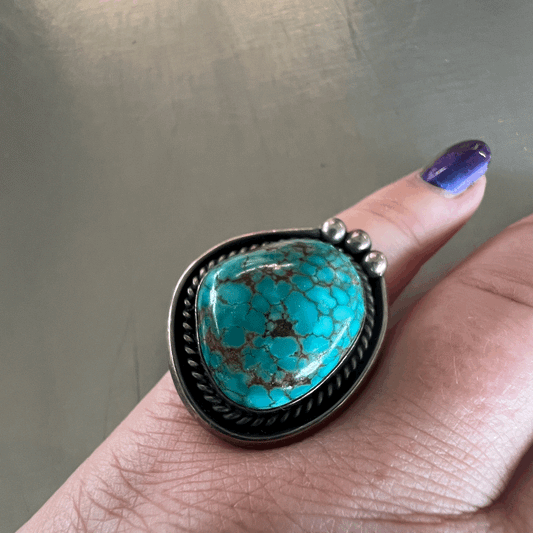 Antique deep teal Turquoise ring set in silver, hand-made. Size 6