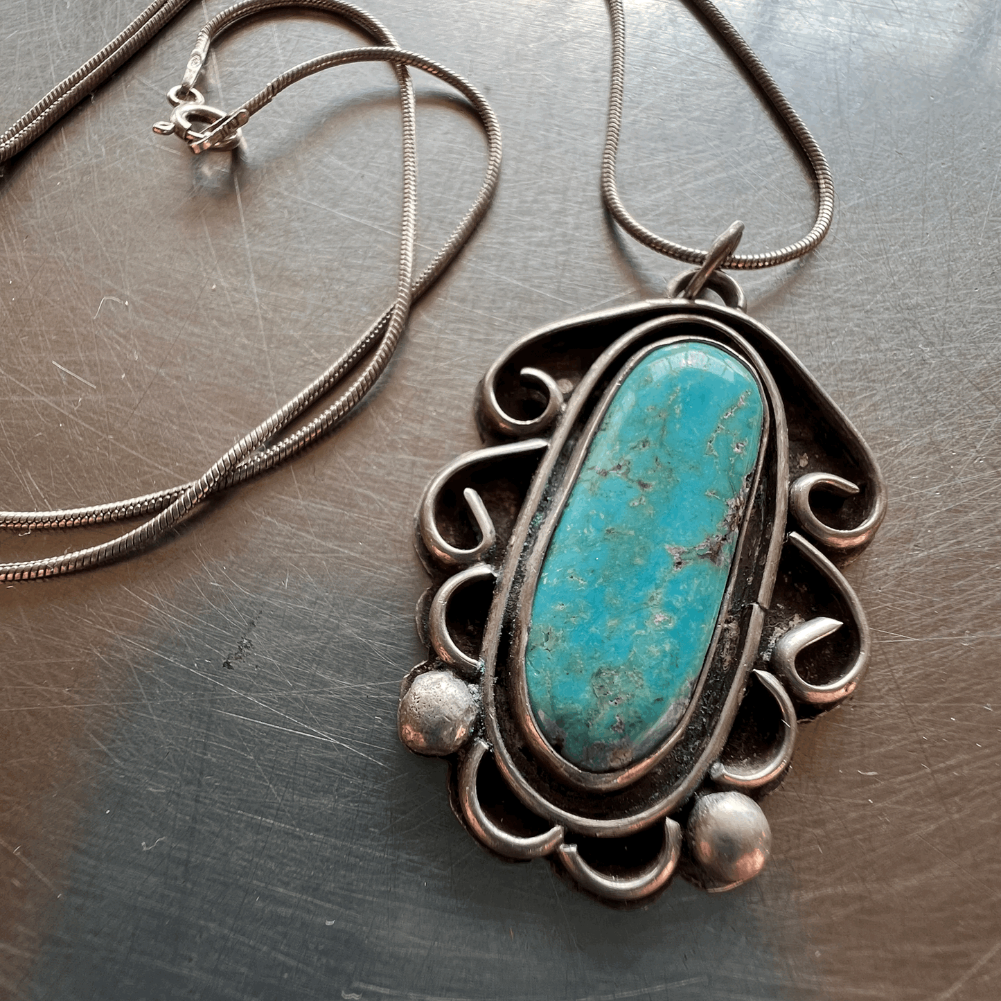 artisan-made Turquoise and Silver pendant on 20" sterling chain Necklace