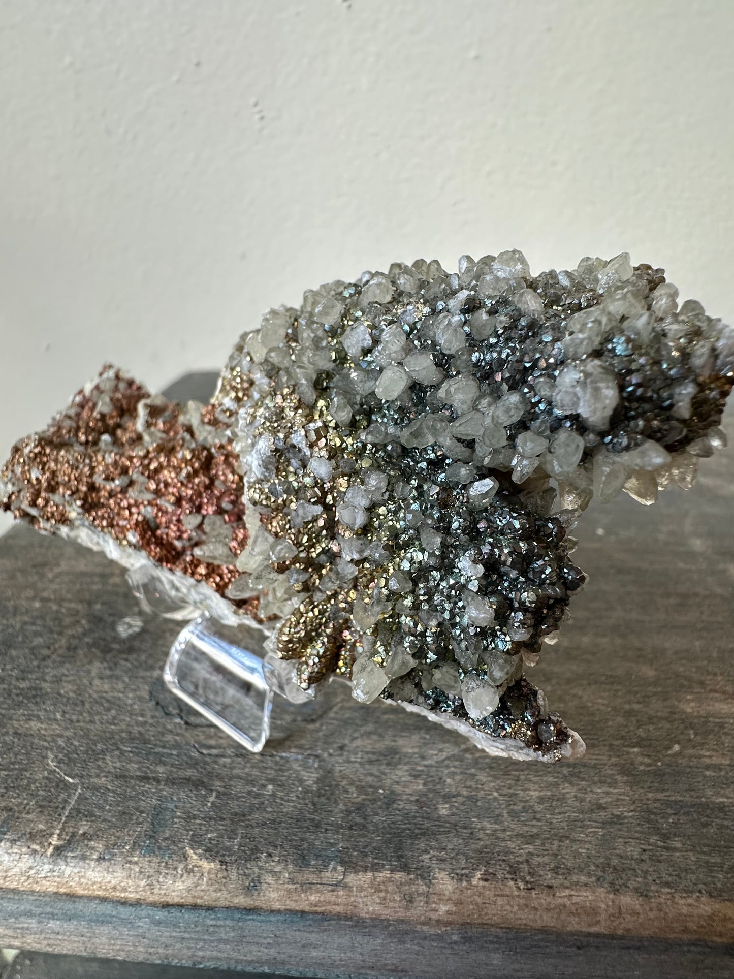 Iridescent Chalcopyrite over Dogtooth Calcite, Daye, Hubei, China.