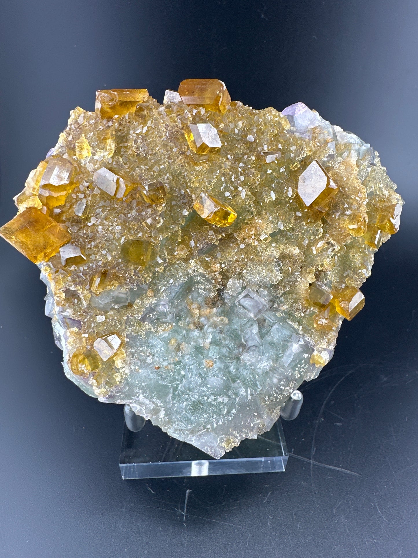 Golden Baryte (Barite) on green & purple Fluorite, Jiangxi
