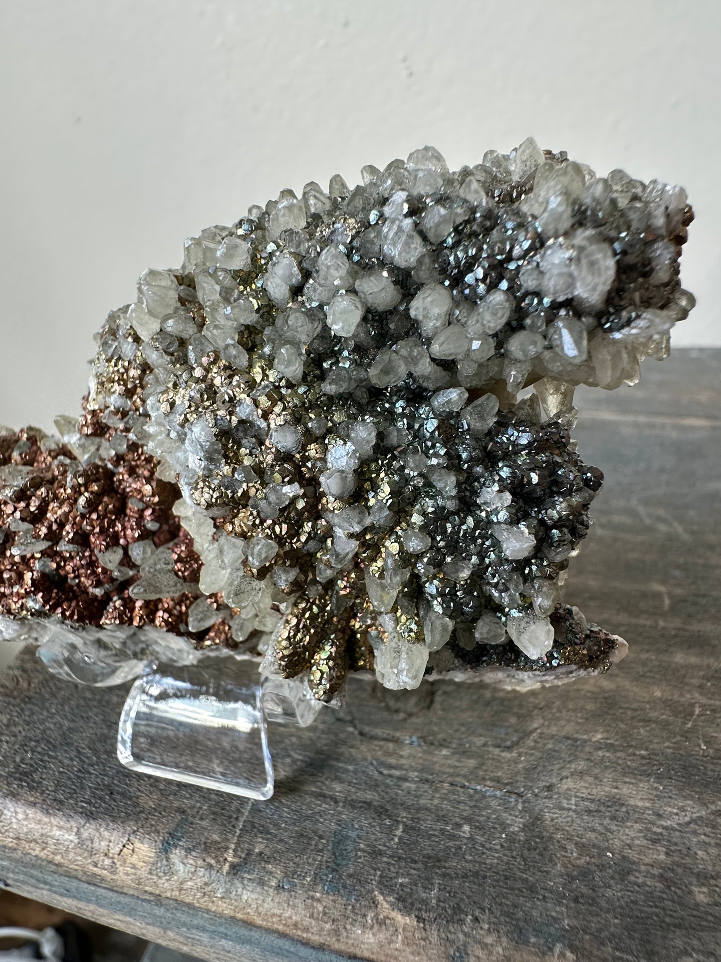 Iridescent Chalcopyrite over Dogtooth Calcite, Daye, Hubei, China.