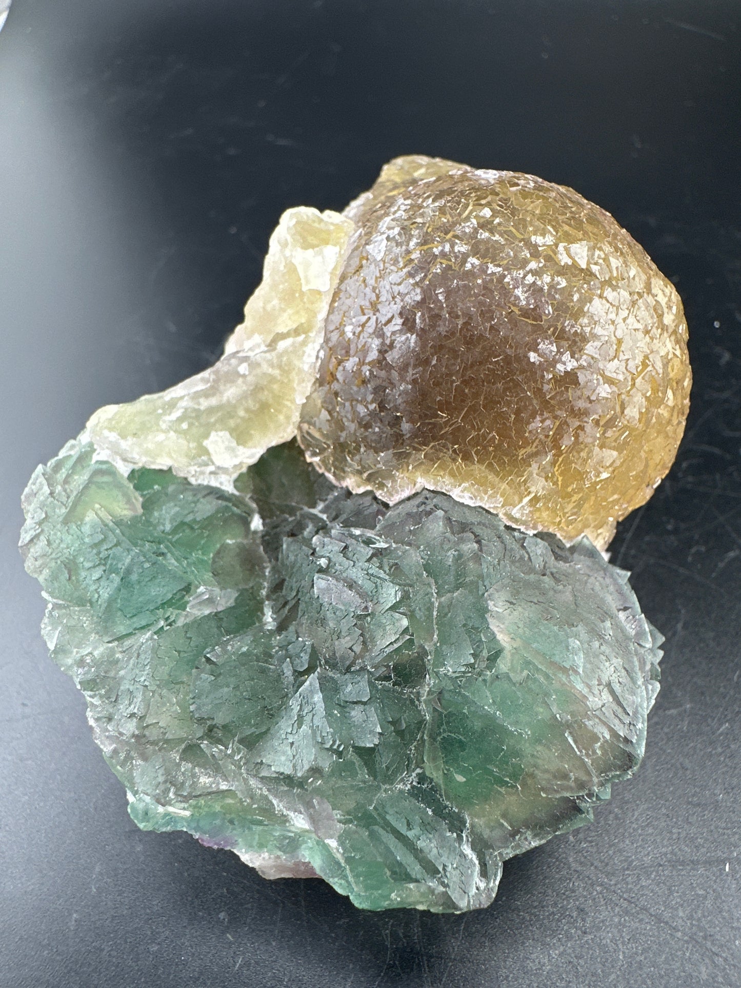 botryoidal Yellow Fluorite on green/purple Fluorite: Jiangxi