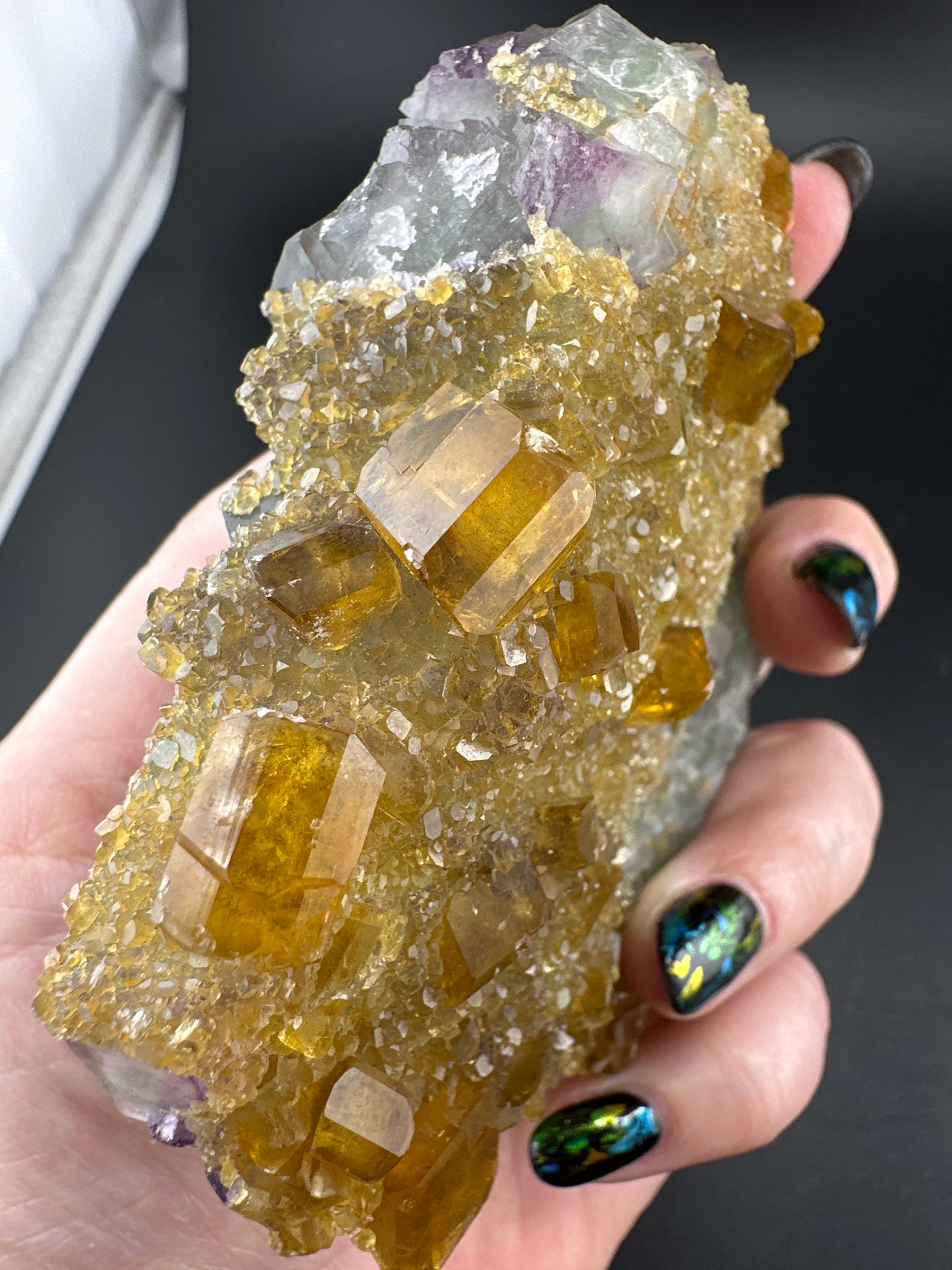 Golden Baryte (Barite) on green & purple Fluorite, Jiangxi