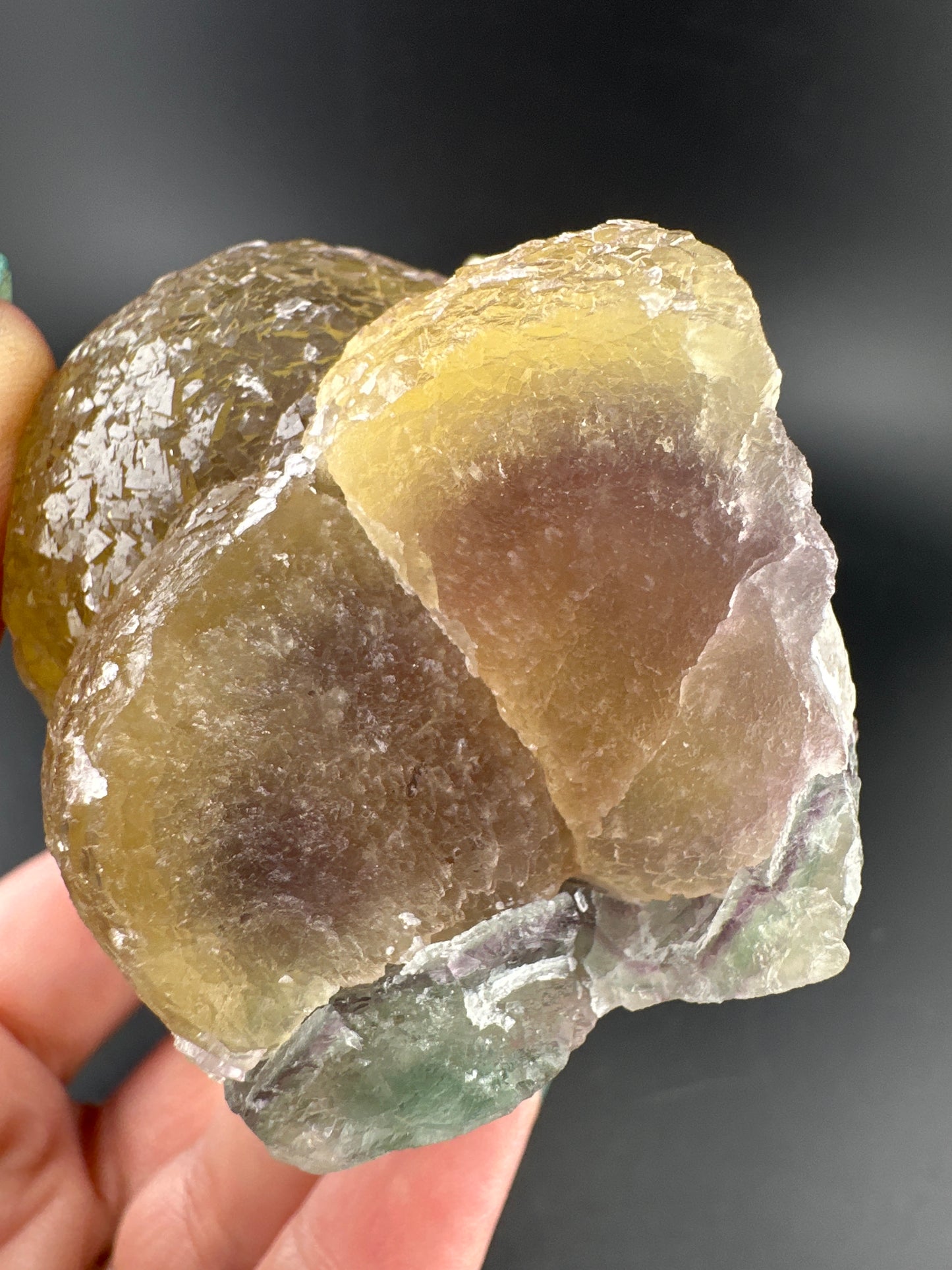 botryoidal Yellow Fluorite on green/purple Fluorite: Jiangxi