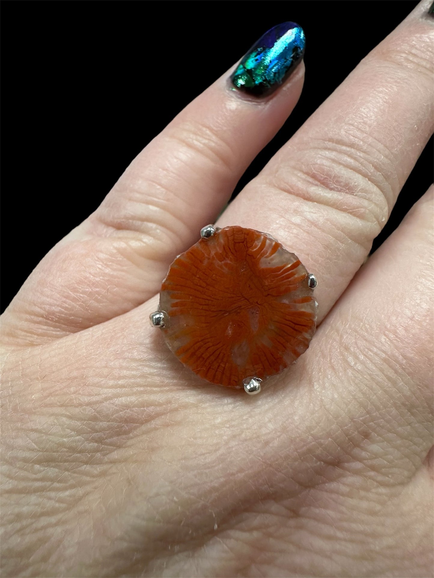 Red Horn Coral set in silver (fossilized coral/chalcedony from Utah) sz. 7.75
