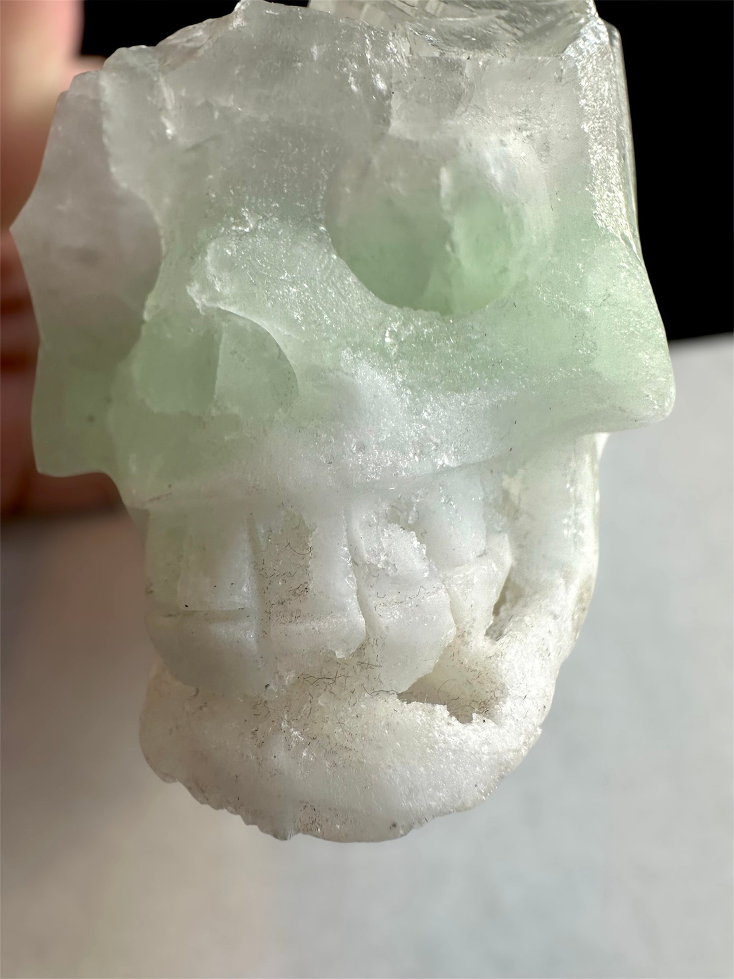 Green Fluorite & white Quartz carved skull