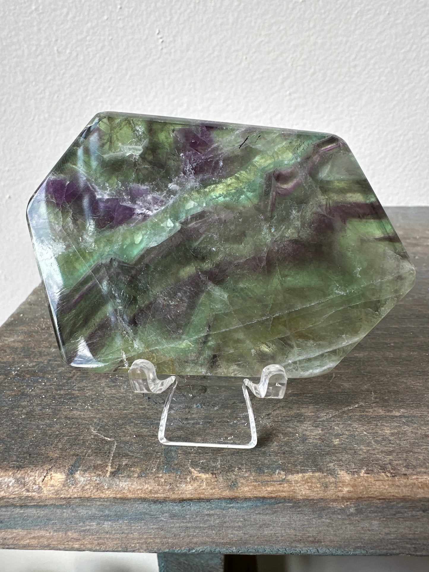polished green & purple Fluorite slab with stand