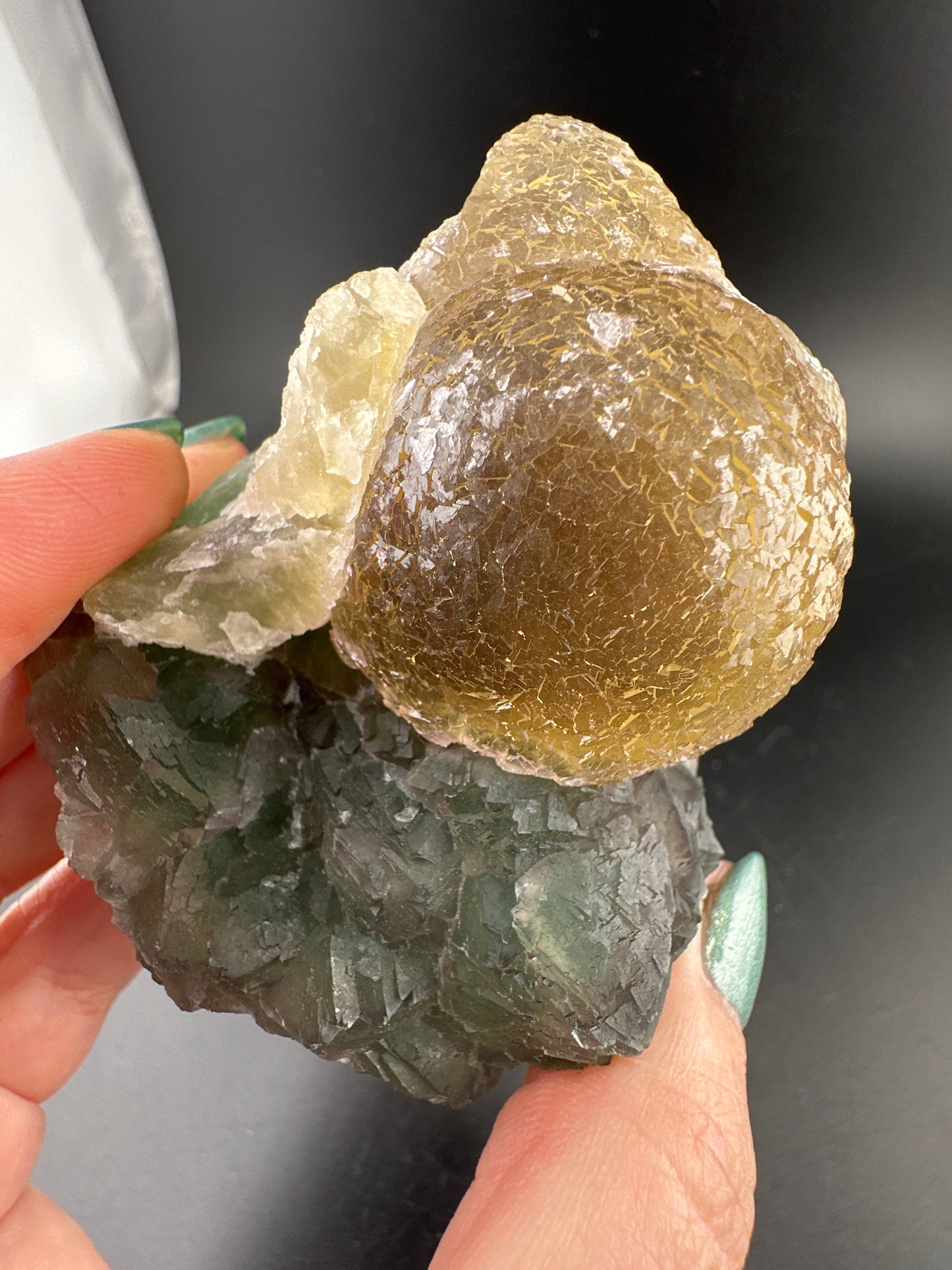 botryoidal Yellow Fluorite on green/purple Fluorite: Jiangxi