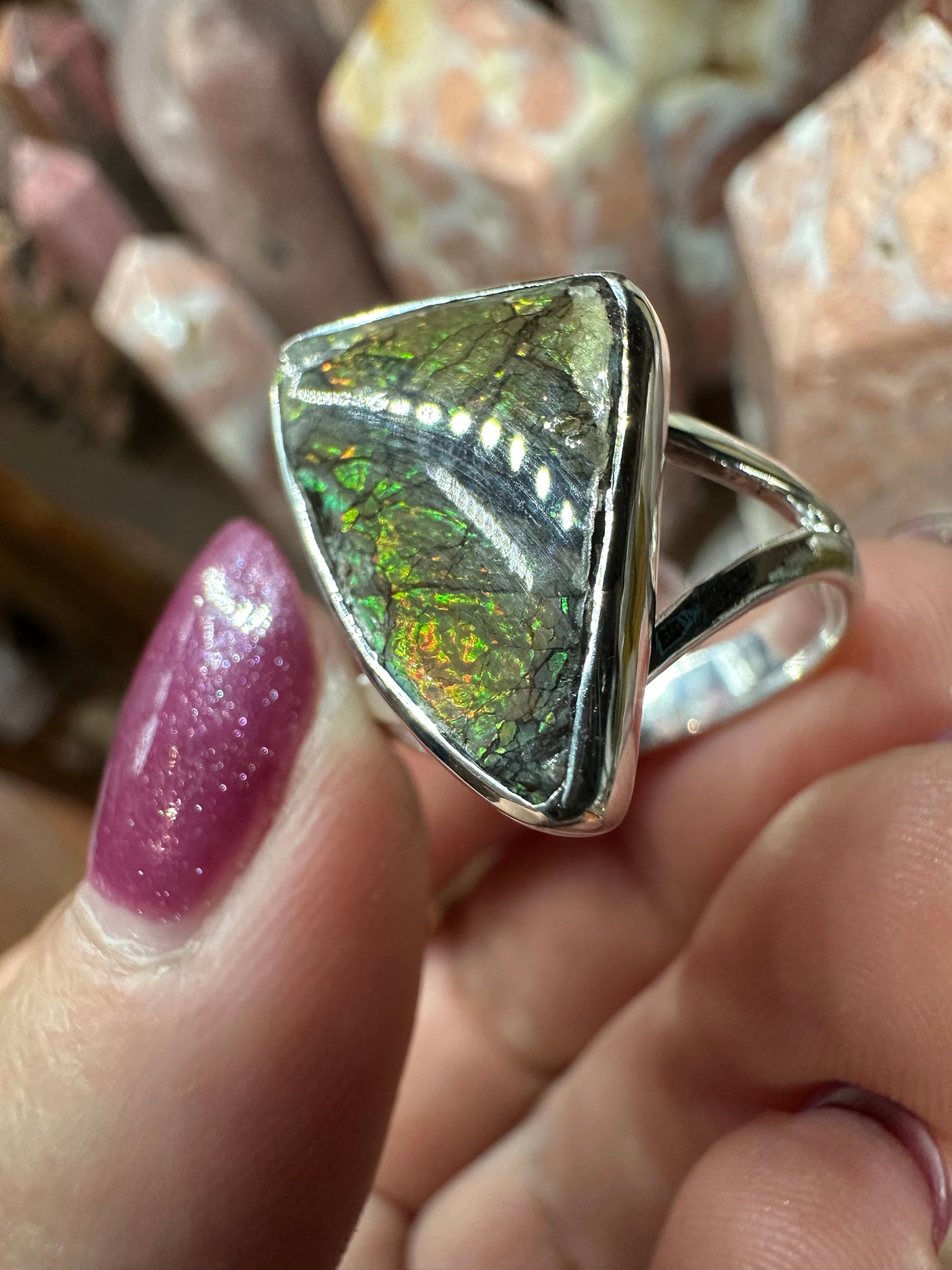 Ammolite set in Silver ring, sz 9