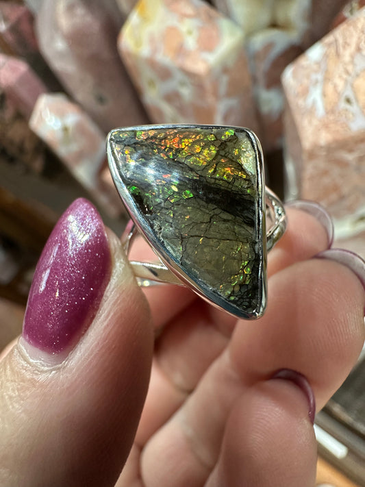 Ammolite set in Silver ring, sz 9