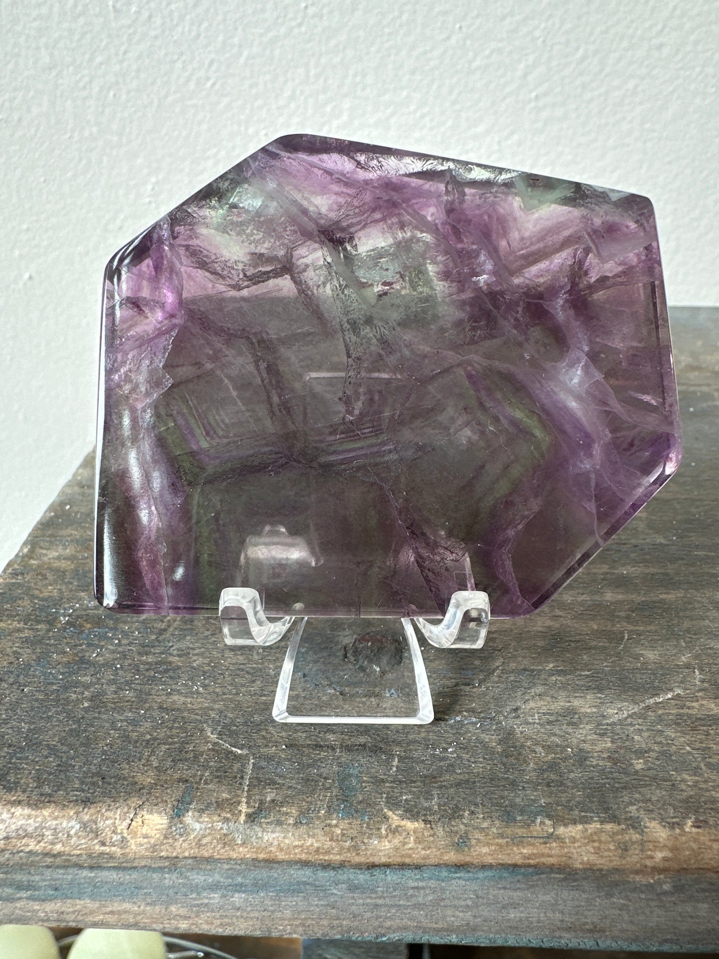 polished mostly purple Fluorite slab with stand