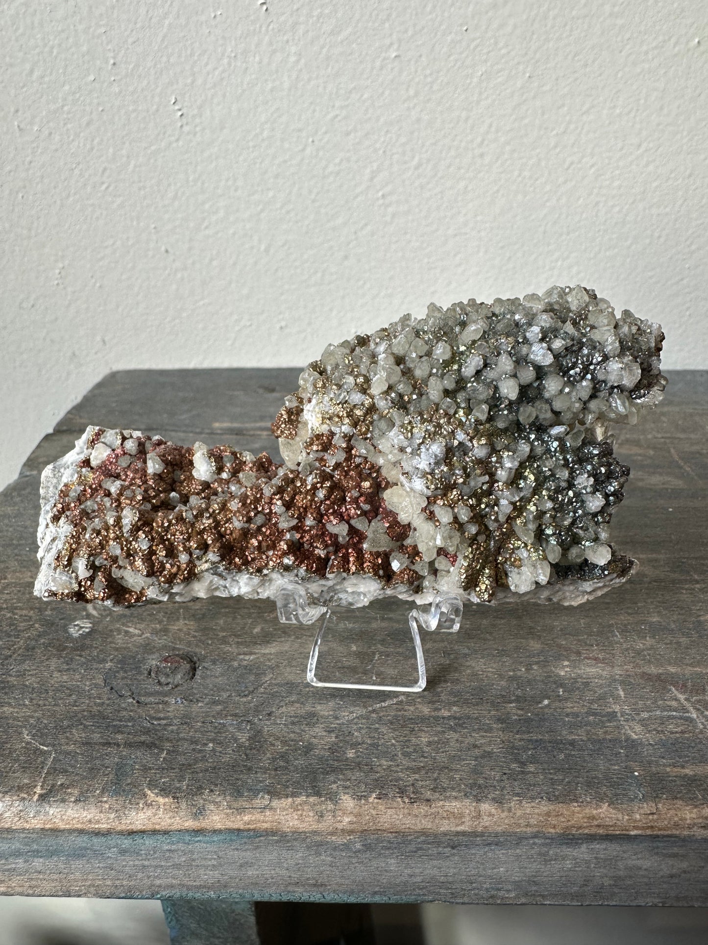 Iridescent Chalcopyrite over Dogtooth Calcite, Daye, Hubei, China.