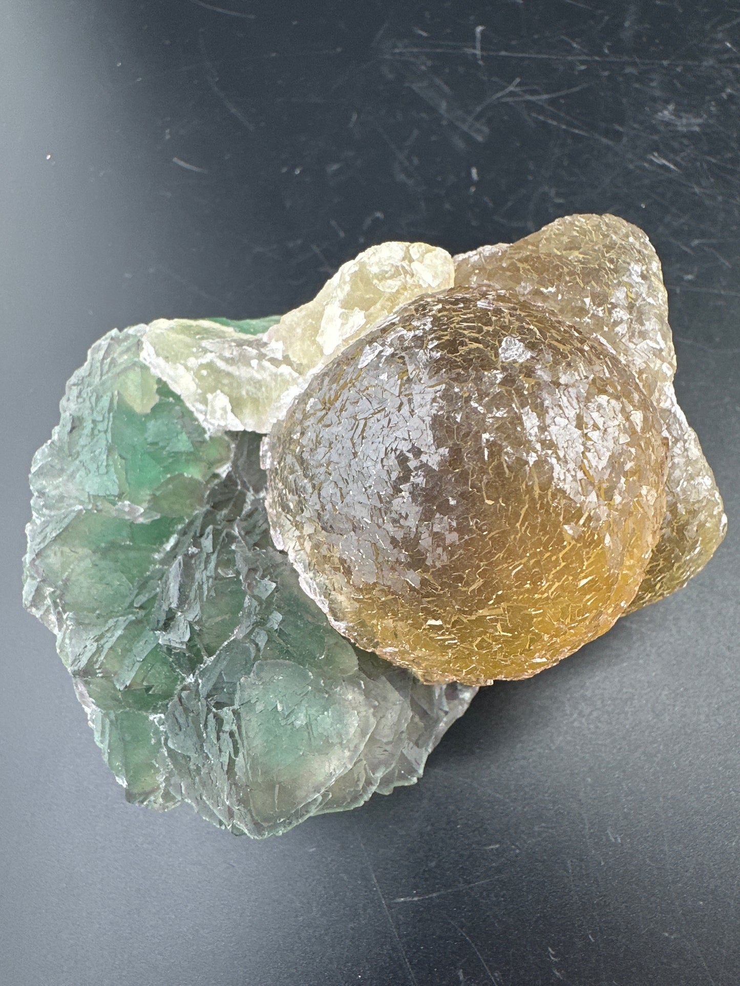botryoidal Yellow Fluorite on green/purple Fluorite: Jiangxi
