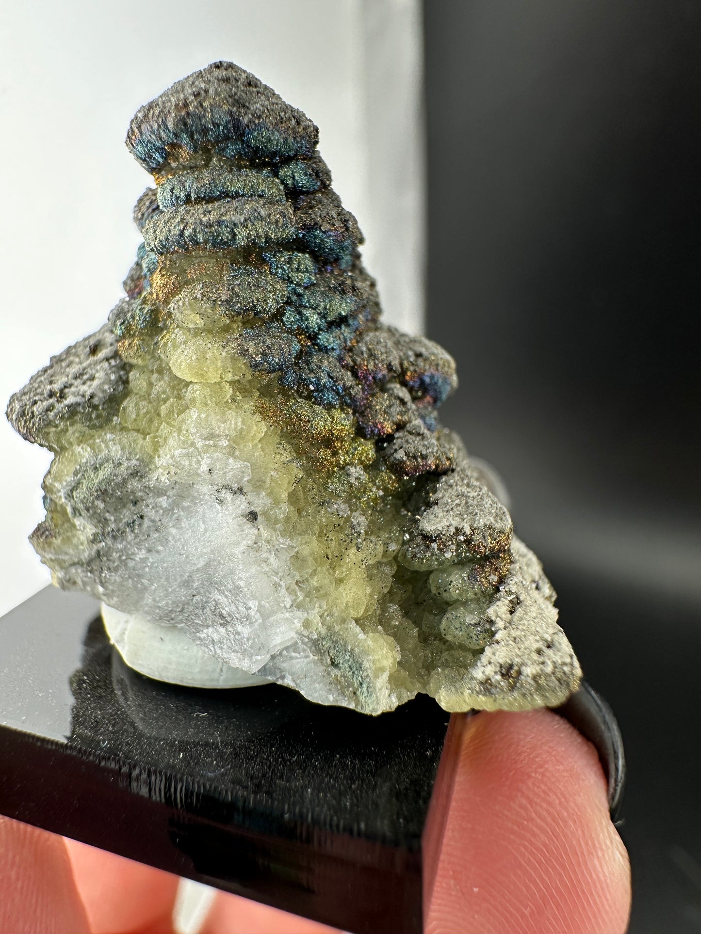 Iridescent Chalcopyrite on Pagoda Calcite: Daye, Hubei, China