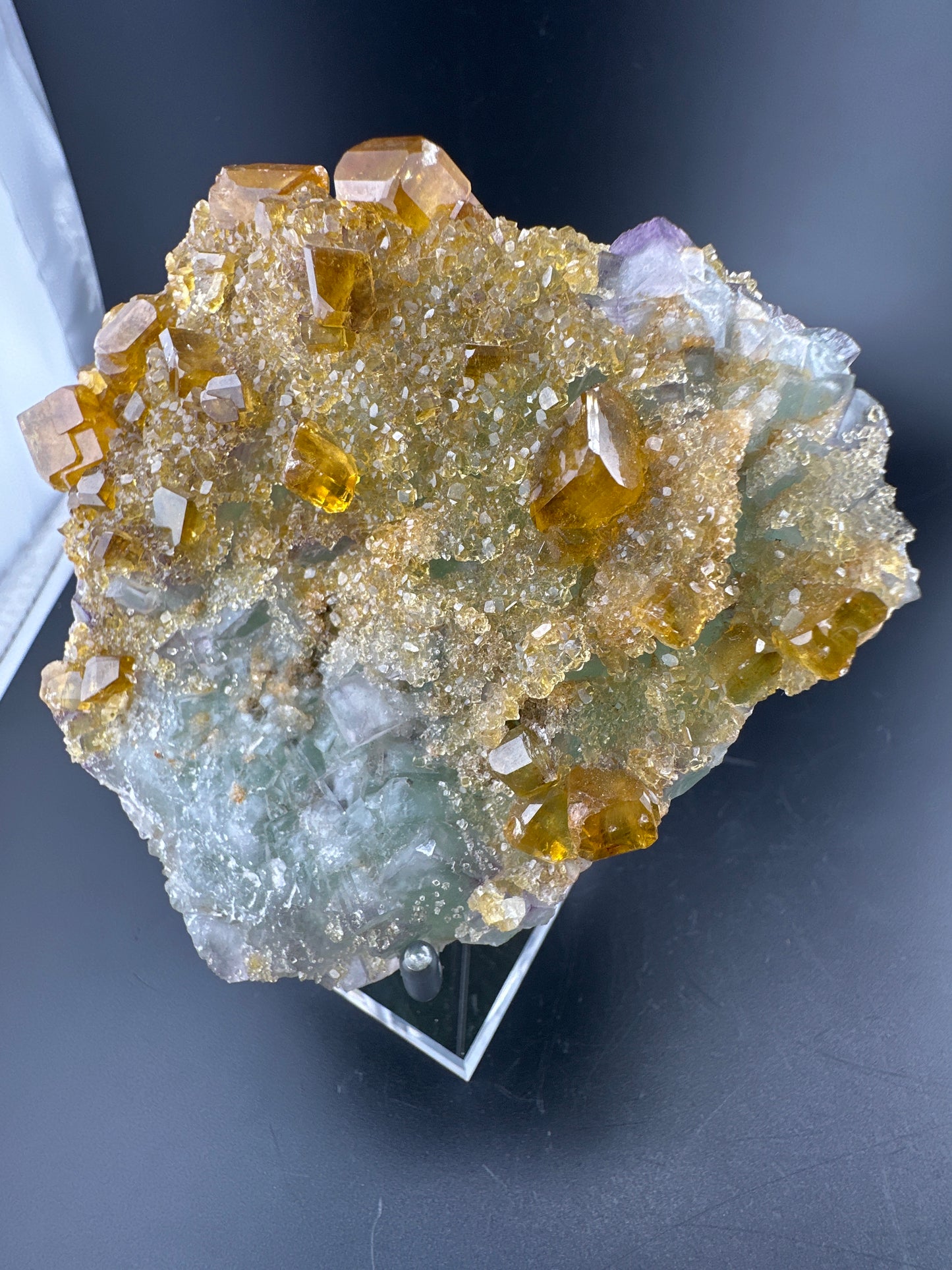 Golden Baryte (Barite) on green & purple Fluorite, Jiangxi