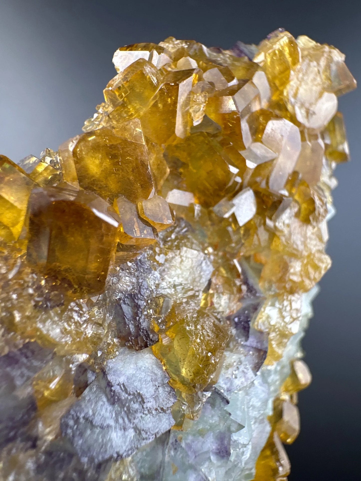 Golden Baryte / Barite on Green & Purple Fluorite, Jiangxi