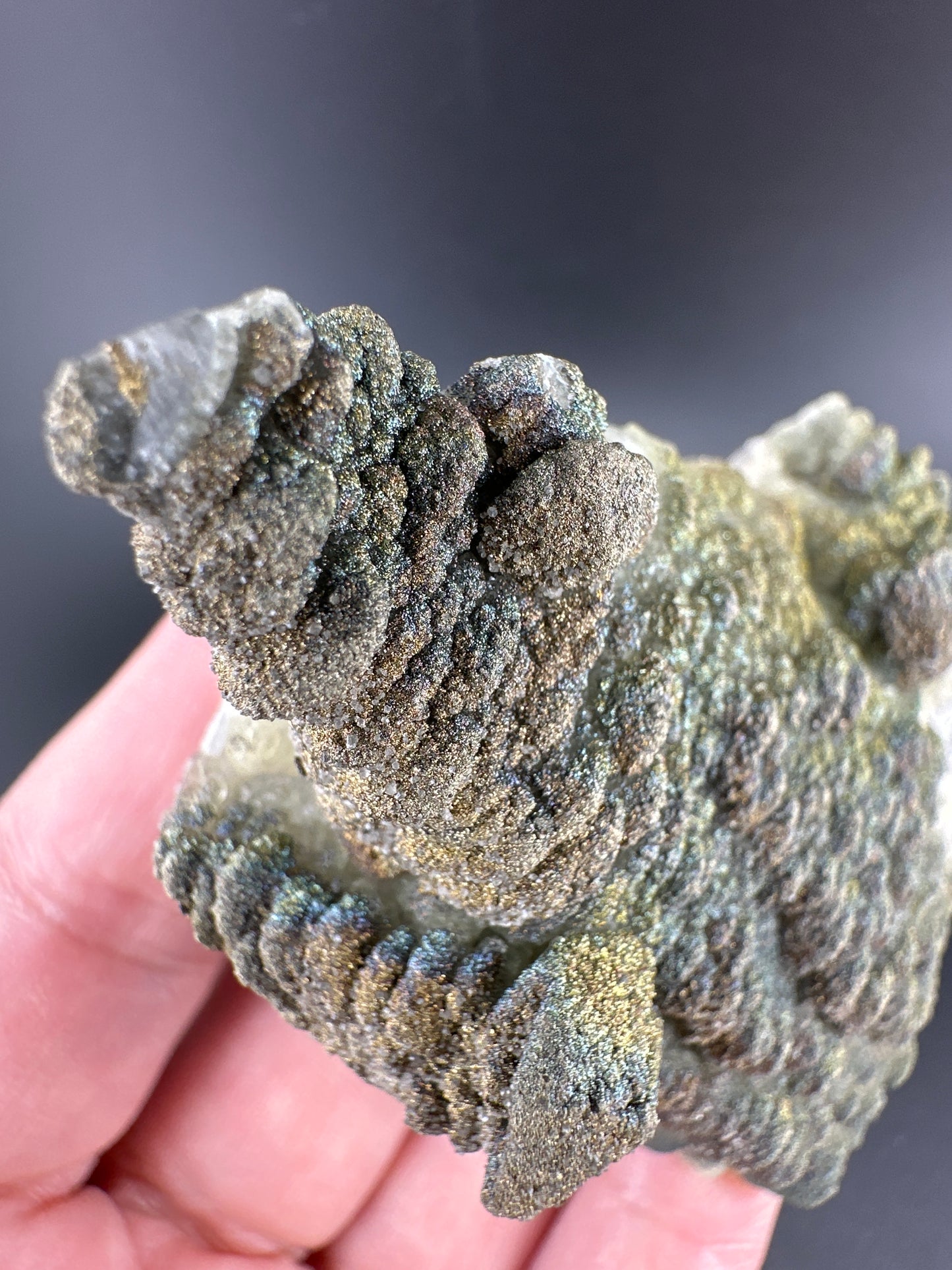 Iridescent Chalcopyrite on Pagoda Calcite: Daye, Hubei, China (Copy)