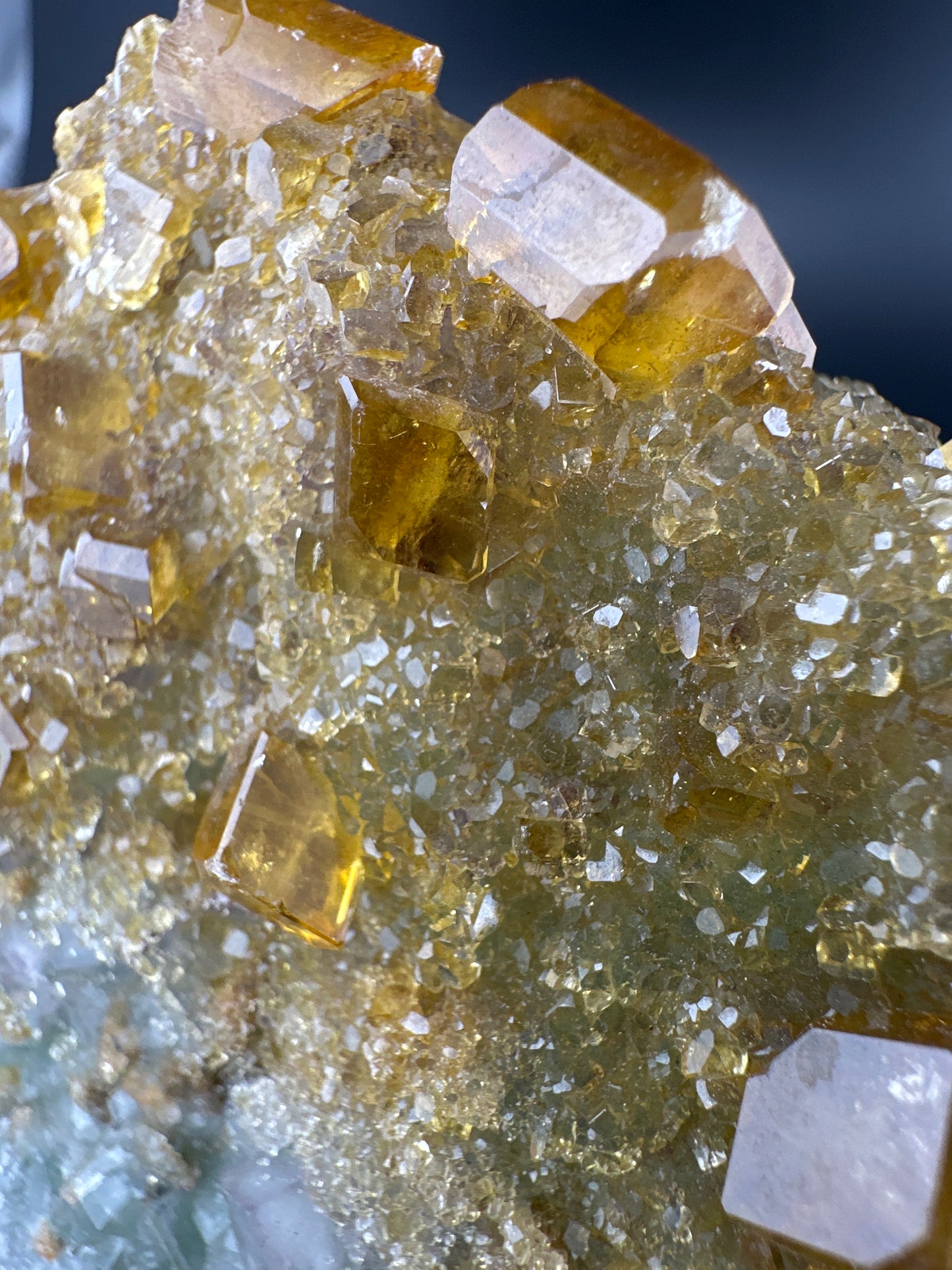 Golden Baryte (Barite) on green & purple Fluorite, Jiangxi