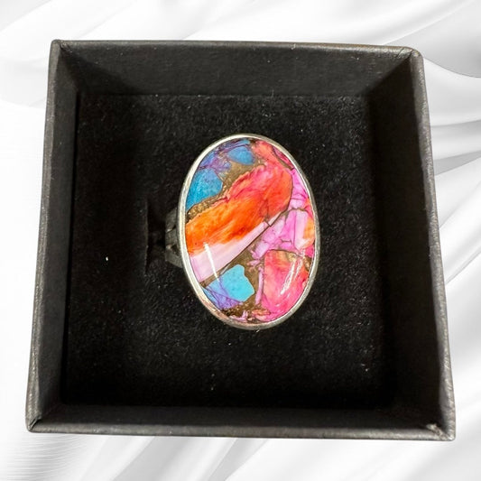 Mohave Turquoise, Pink Dahlia ring in Silver sz. 7