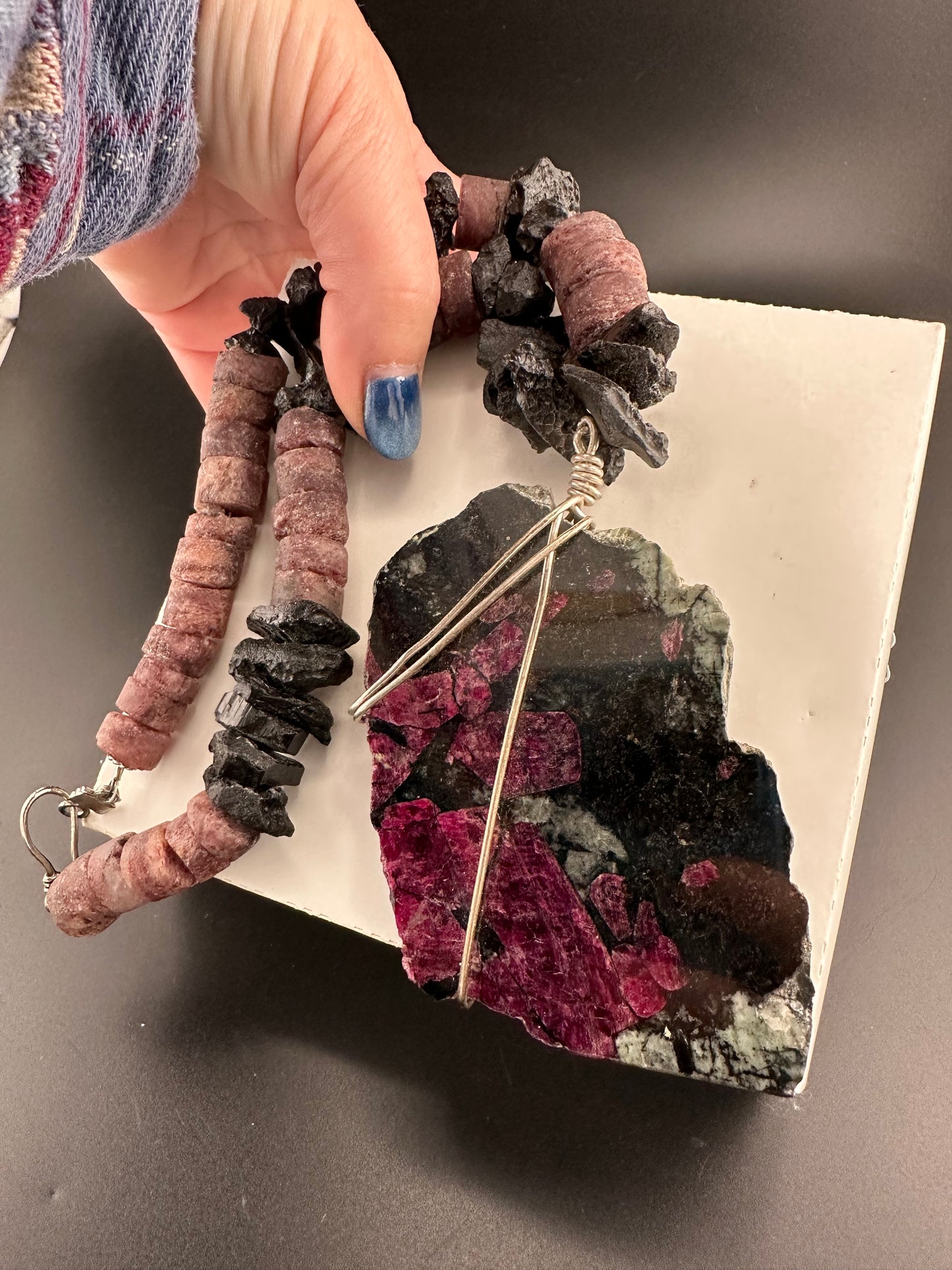 Eudialyte, Tektite, Strawberry Quartz necklace