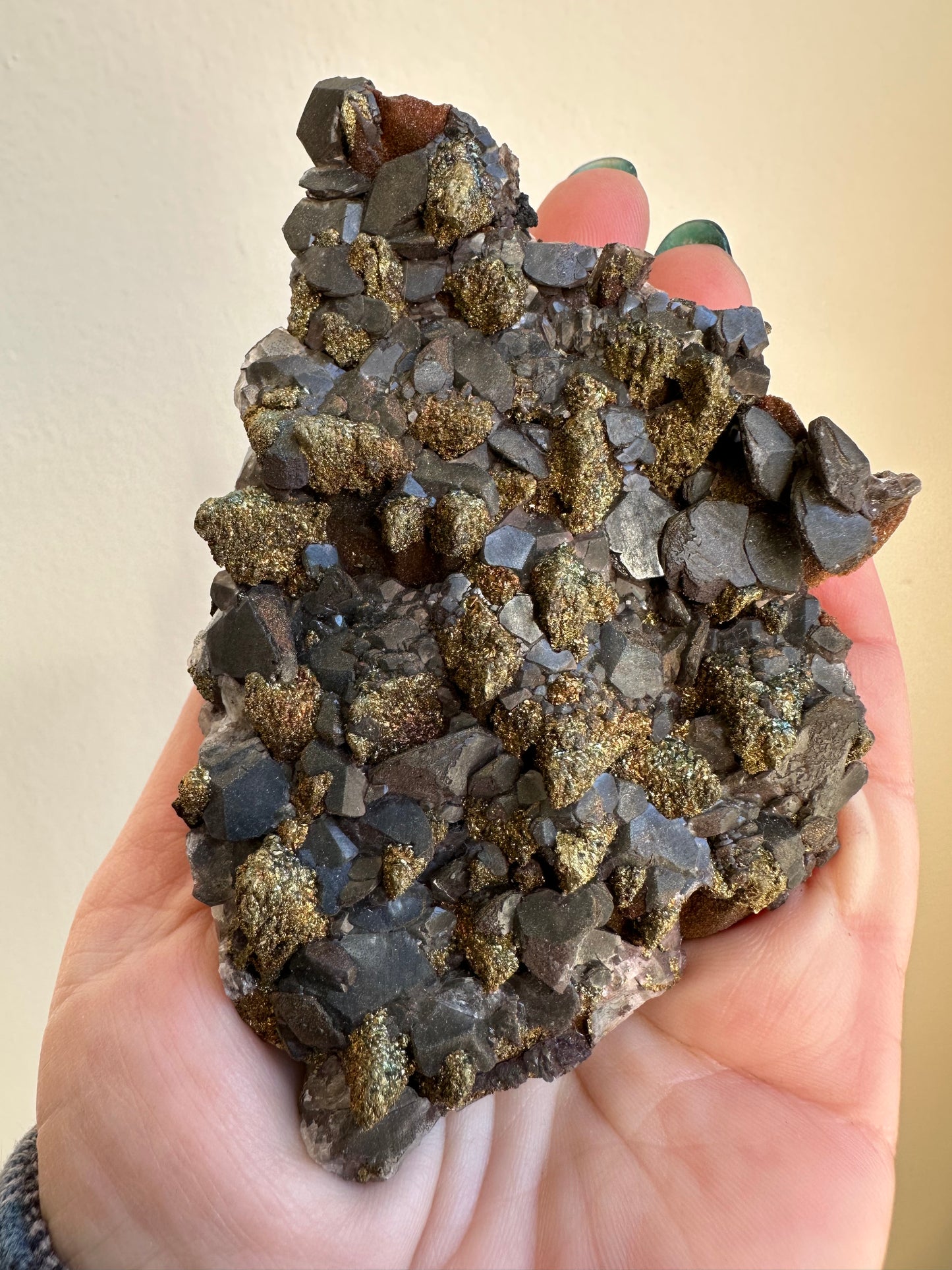 Black pagoda calcite w/iridescent chalcopyrite