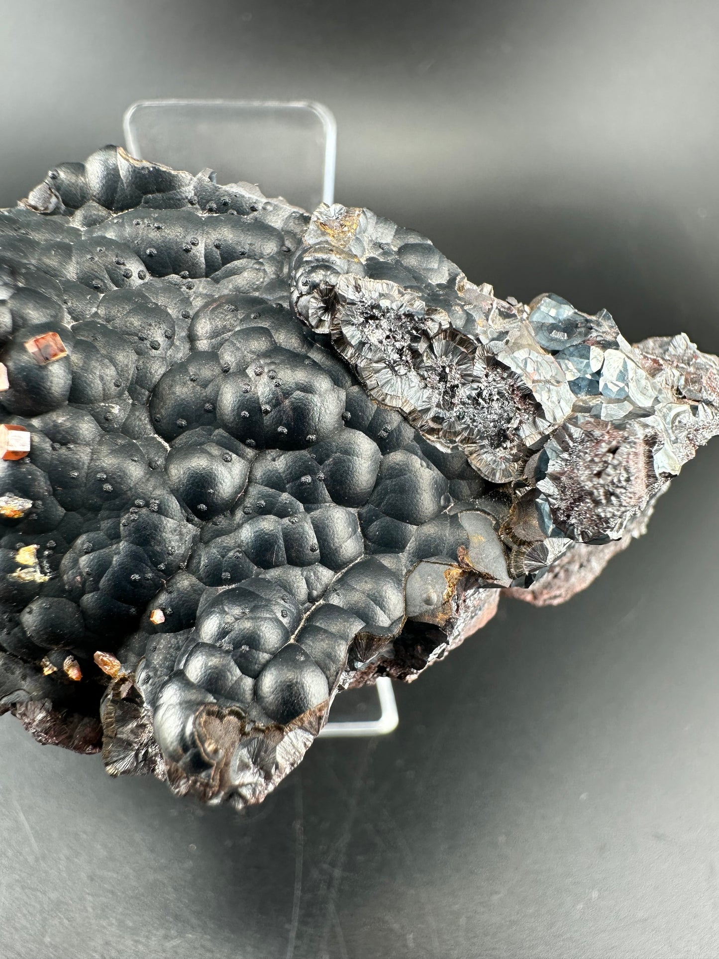 Vanadinite on botryoidal hematite: Morocco