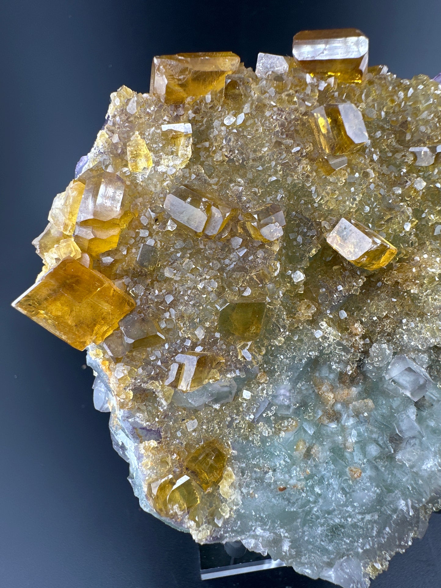 Golden Baryte (Barite) on green & purple Fluorite, Jiangxi