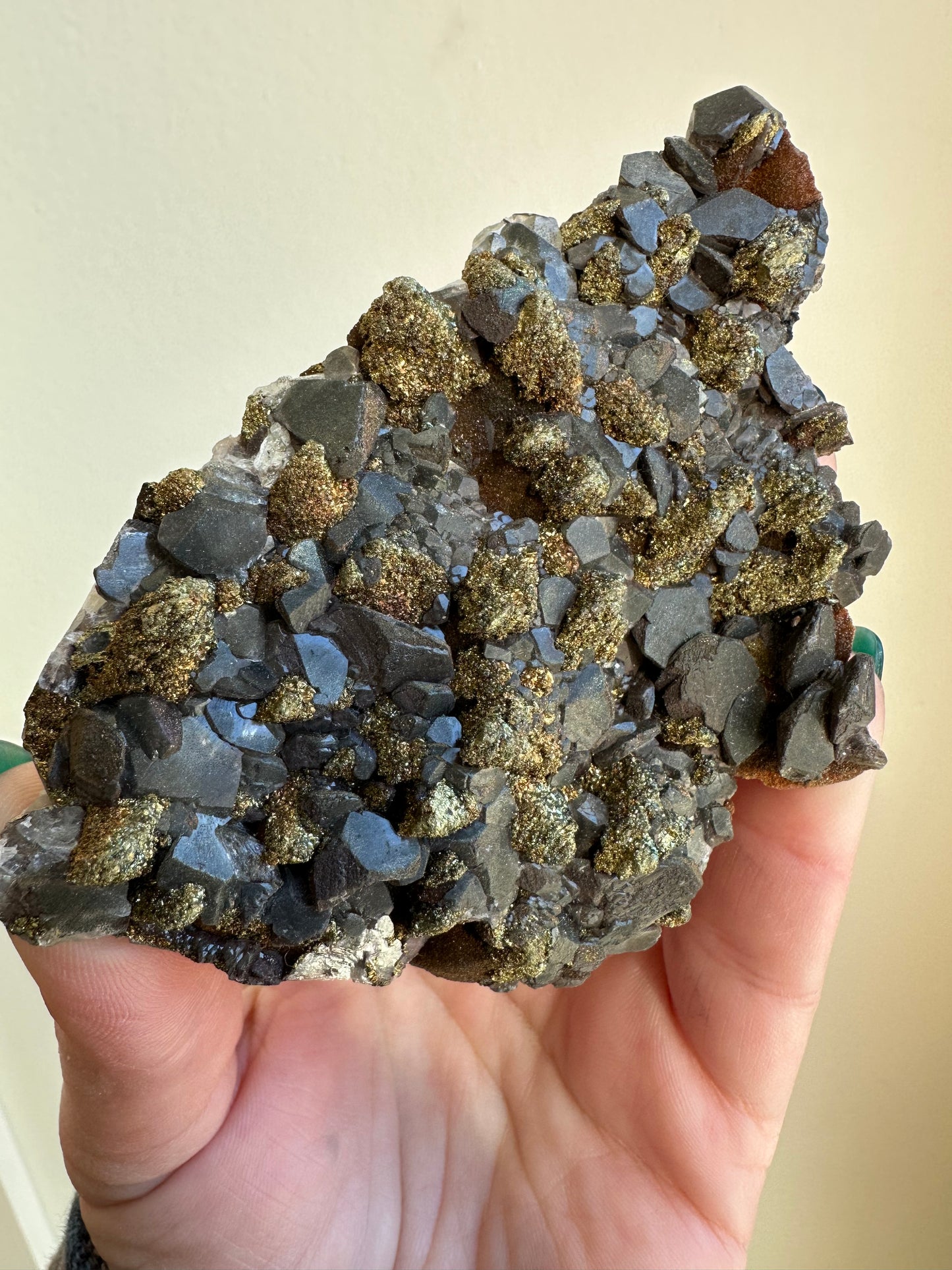 Black pagoda calcite w/iridescent chalcopyrite