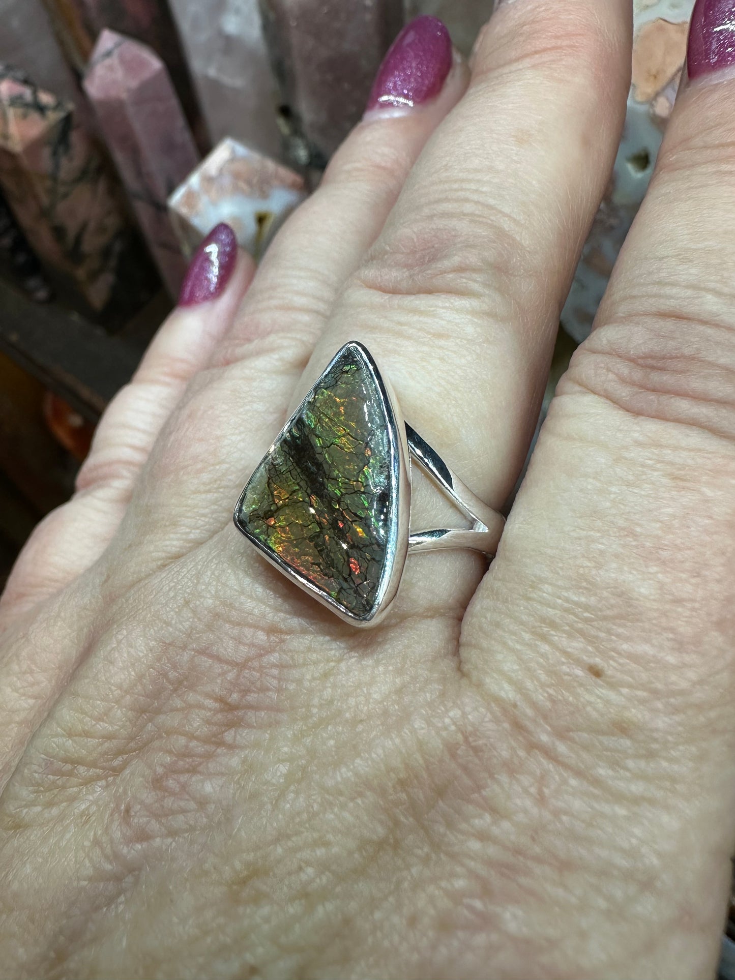 Ammolite set in Silver ring, sz 9